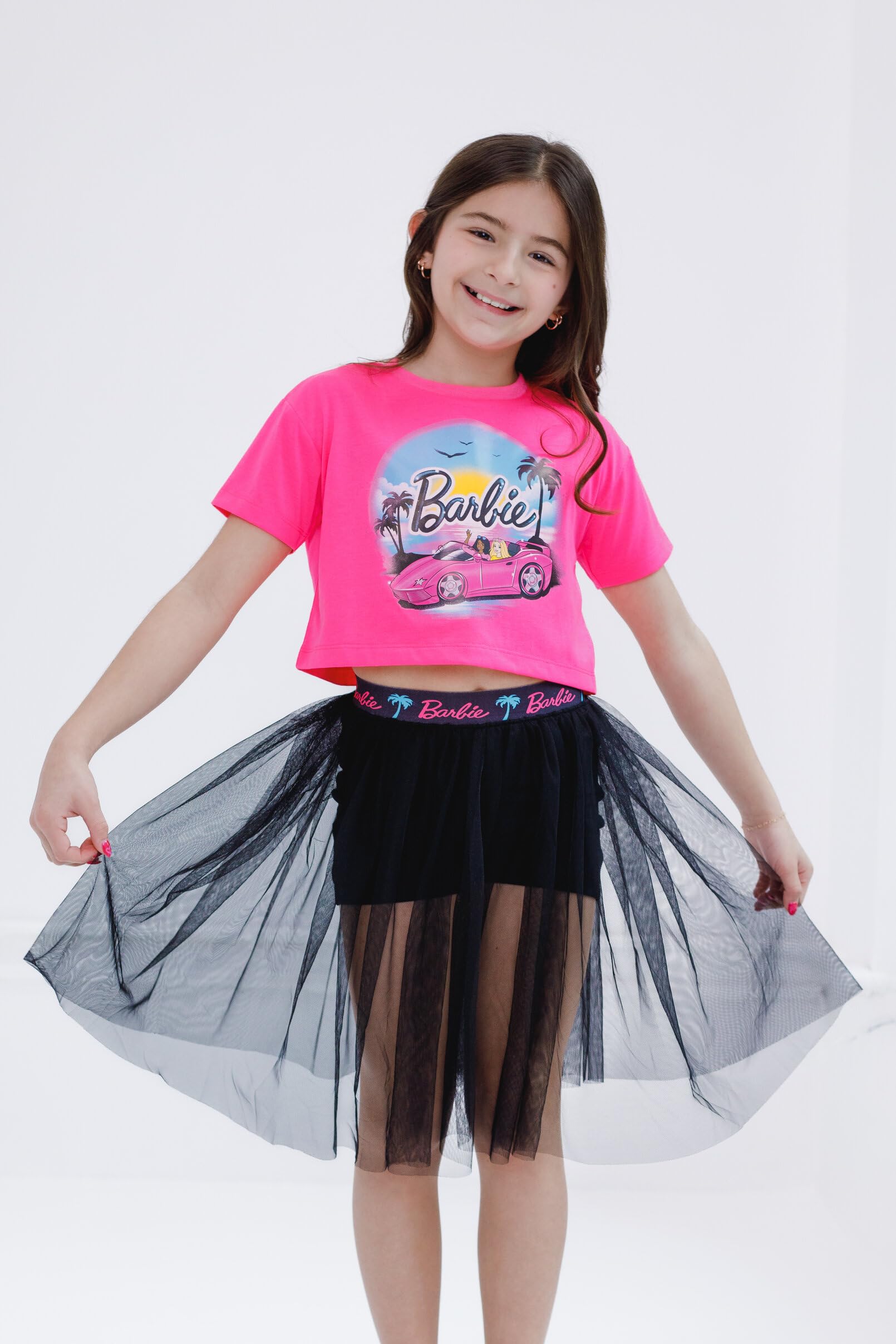Barbie - Top a spalla con gonna in tulle a rete per bambine e bambini grandi (2T - 14-16)