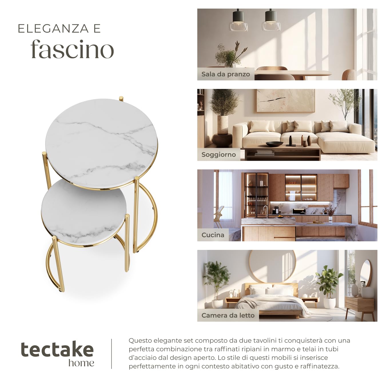 tectake® Set di 2 tavolini salotto in marmo, base in metallo, tavolino da caffè, tavolo basso rotondo, tavolino basso in marmo moderno per salotto, soggiorno,metallo, tavolo da balcone - Bianco/Oro