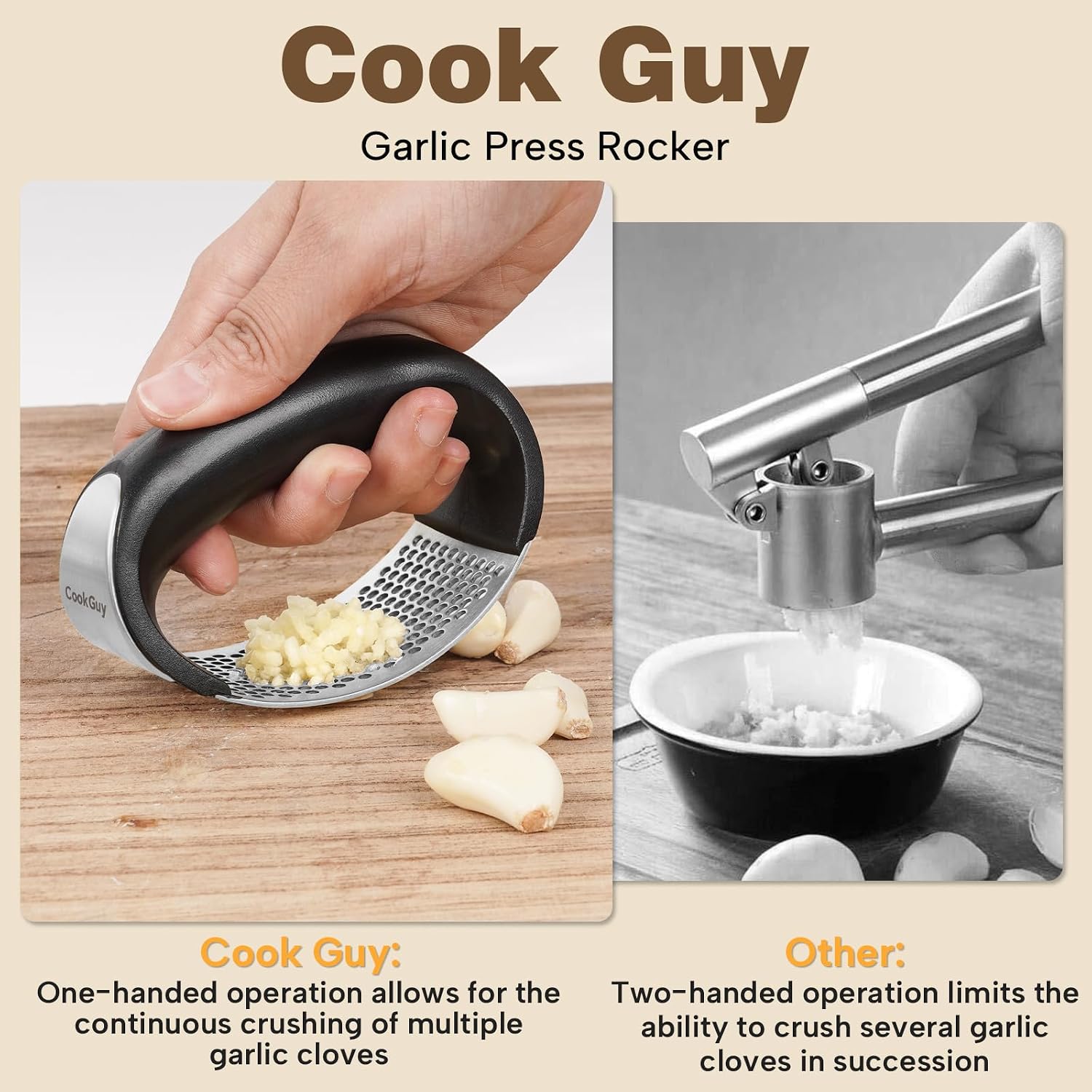 Cook Guy 304 Stainless Steel Garlic Press Rocker Set