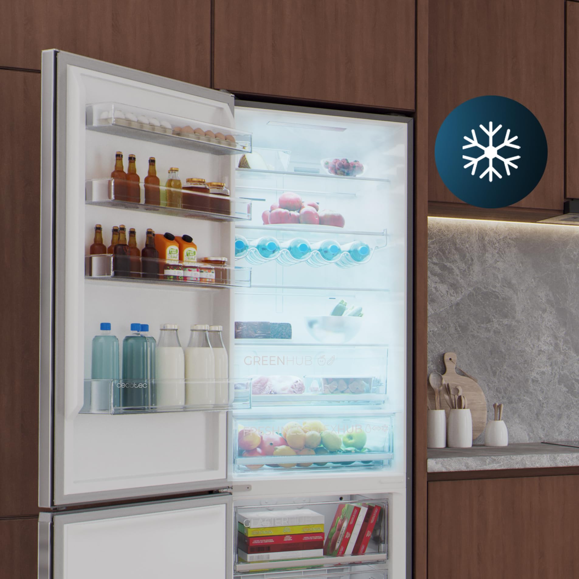 Cecotec Frigorífico Combi 456L Total No Frost Bolero CoolMarket Combi 456 Dark E. Altura 201cm y 59,5cm Ancho, MAX INSIDE con VIP Tech, Compresor Inverter Plus, Bajo Consumo, Bandejas Cristal, Dark