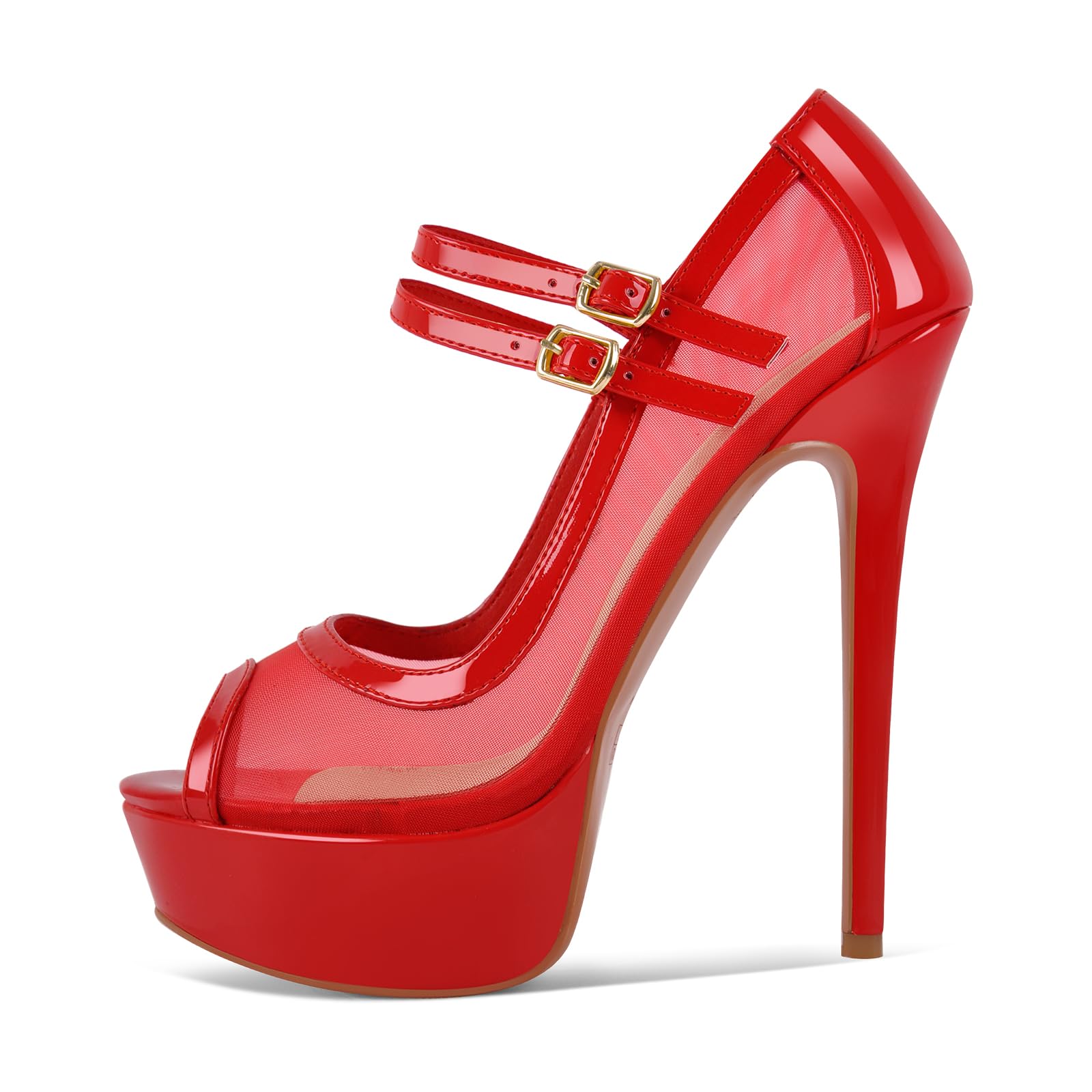 Women's Platform Sandals Mesh Ankle Strap Stiletto High Heels Open Toe Peep Toe: 8 Red