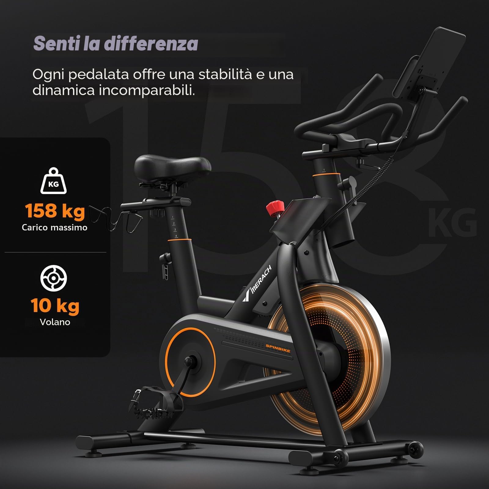 MERACH Cyclette, bicicletta con resistenza magnetica, silenziosa, con cuscino da seduta confortevole, per interni con supporto per tablet, applicazione propria, fino a 158 kg