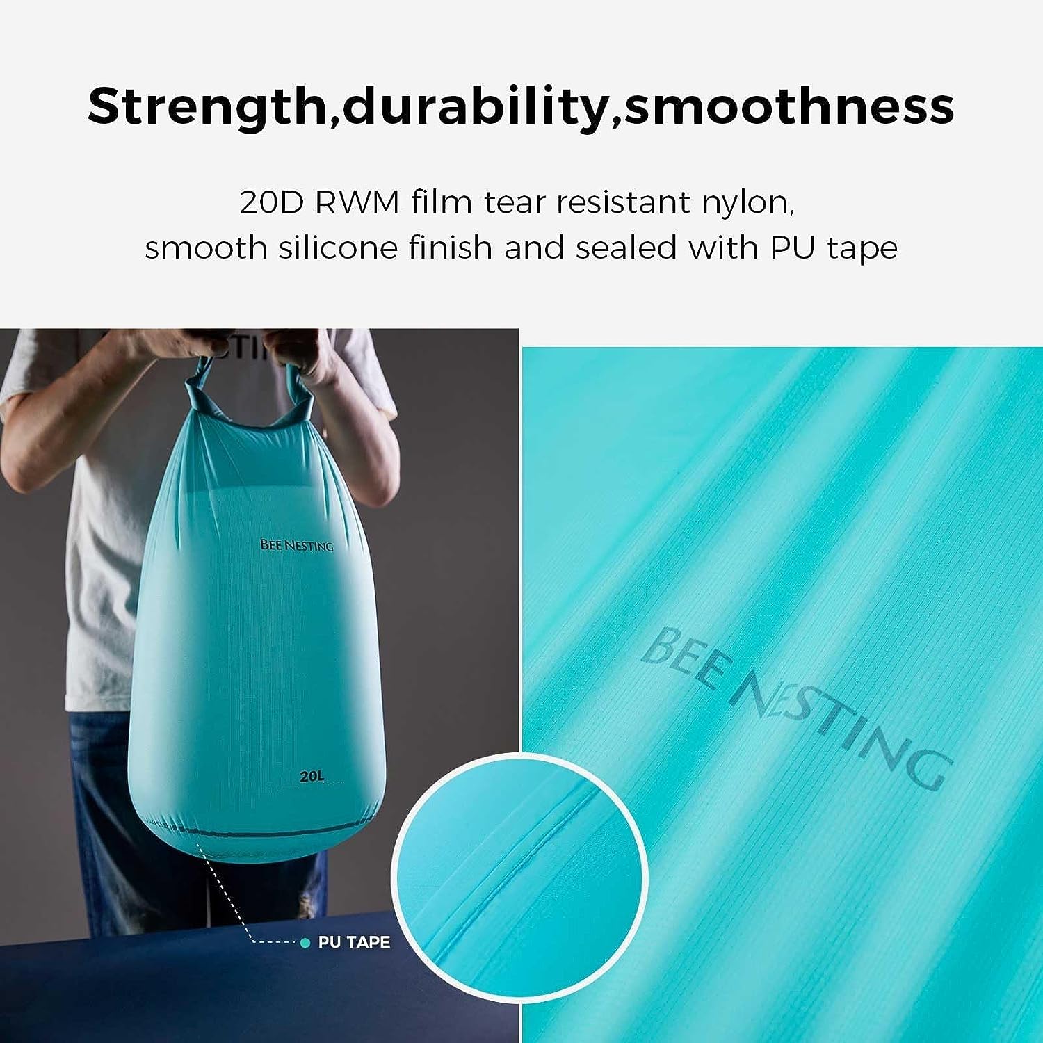 Bee Nesting Juego de Bolsas secas ultraligeras para mochileros, Saco seco Impermeable para Camping, Senderismo, Motocicleta, Juego de 3 Bolsas Ligeras, Gris, 2L 4L 8L Strap, 12 l y 20 l