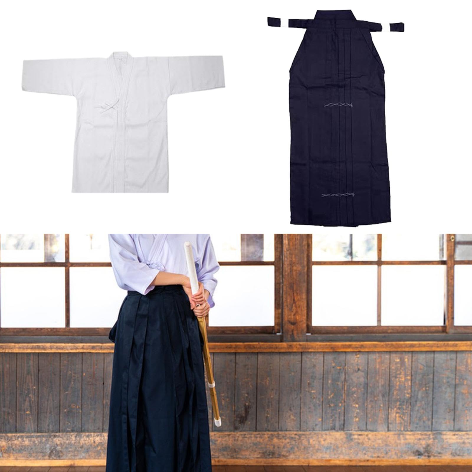 Kendo Hakama Set Completo Abbigliamento Arti Marziali Abito Samurai Aikido Kimono Tradizionale Poliestere per Allenamento- Bianco e blu