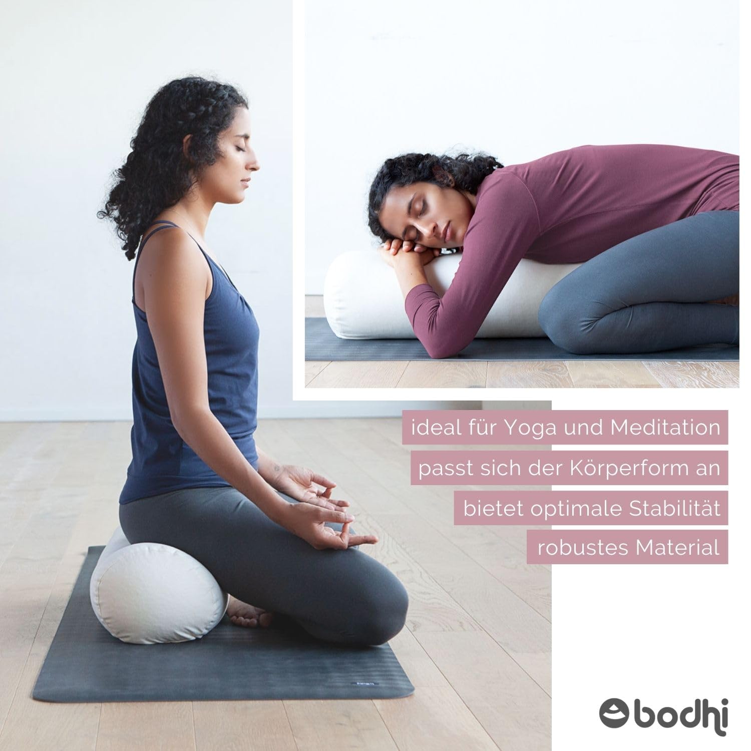 Bodhi | Yoga Bolster ECO | 100% Bio-Baumwolle | Yogarolle mit Bio Dinkelfüllung | Waschbar | Yogakissen rund für Restoratives Yoga Übungen | Groß 65 x 20 cm