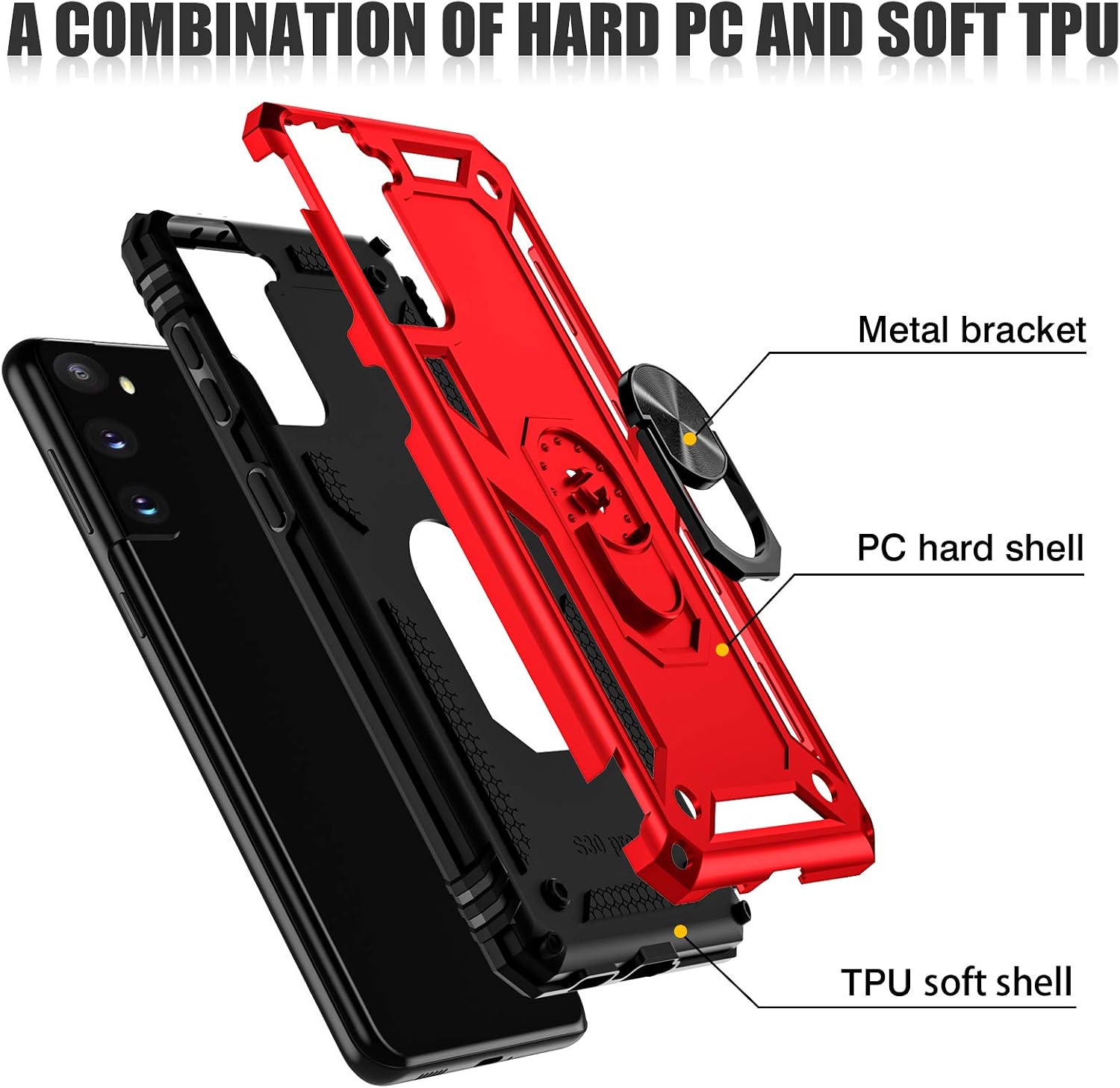 Charlam for Galaxy S21 Plus Case 6.7 Inch Heavy Duty Shock Absorption Anti-Scratch Anti Slip Protective Phone Case Cover with Built-in Ring Holder Kickstand for Samsung Galaxy S21 Plus 5G, Red