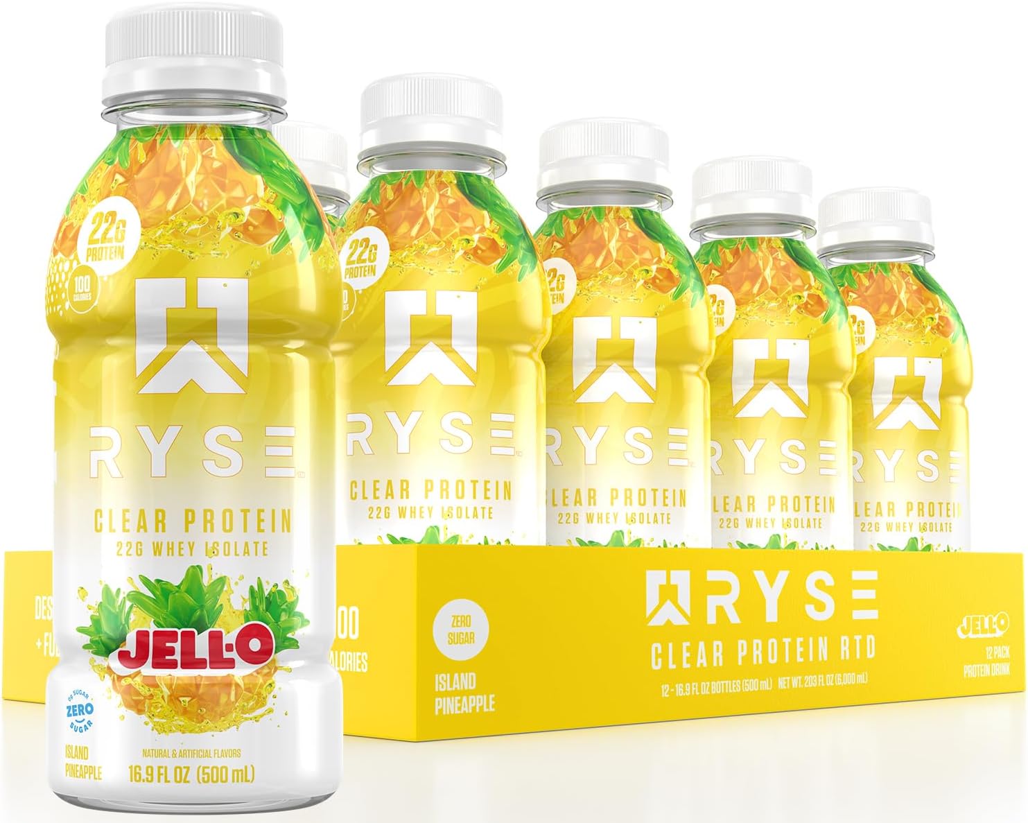 RYSE Clear Protein Drink - Jell-O Island Pineapple - 100 Calories, 22g Whey Isolate Protein Shake, Sugar-Free, 0g Fat & Lactose-Free - Refreshing Ready-to-Drink Beverage - 16.9 fl oz Bottles (12-Pack)