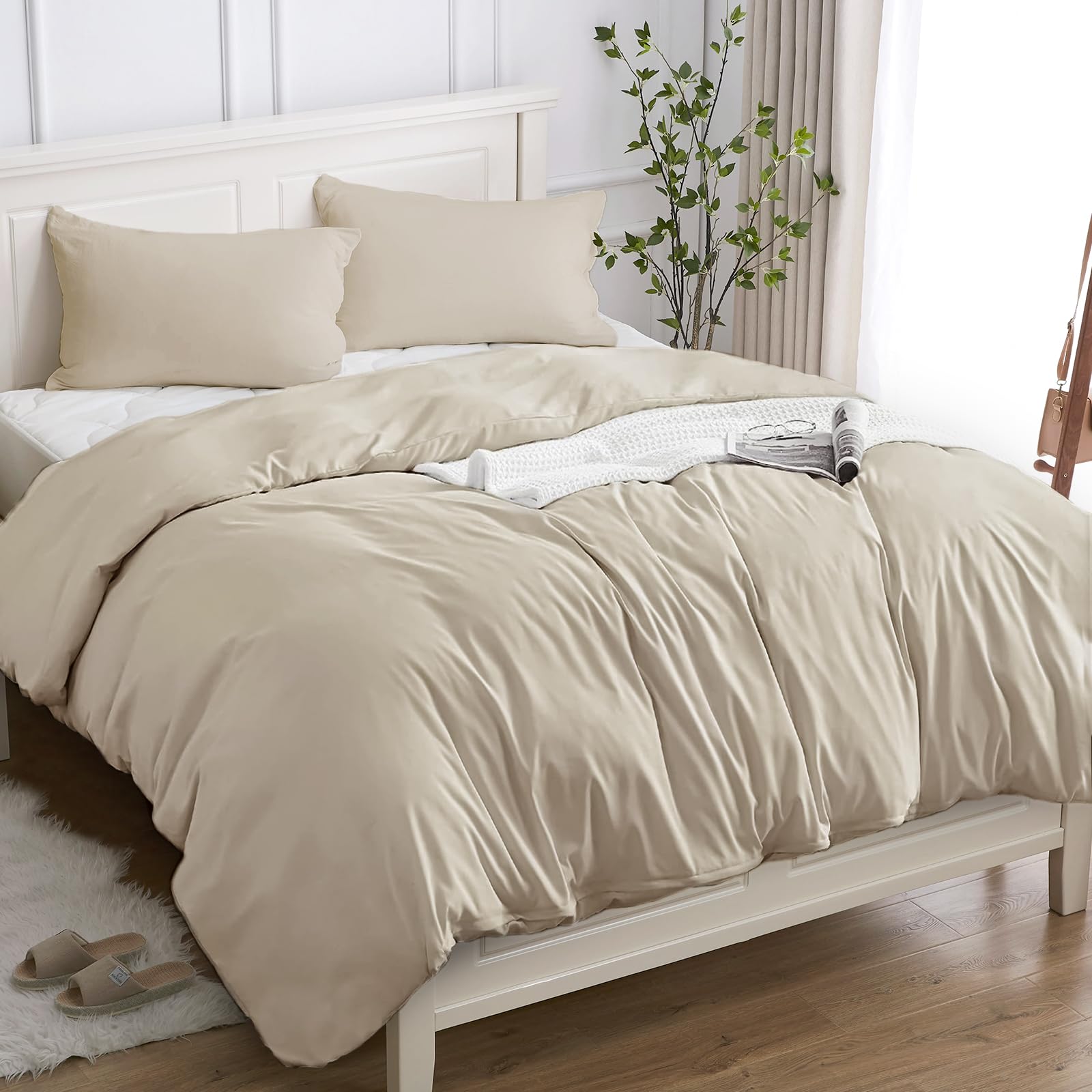 Cotopuro Funda Nórdica Cama 105/120 de 100% Algodón, Juego de Funda Edredón 200x200 y 2 Fundas de Almohada 50x80 Algodón Premium 150GSM, Suave, Transpirable, Hipoalergénico Beige