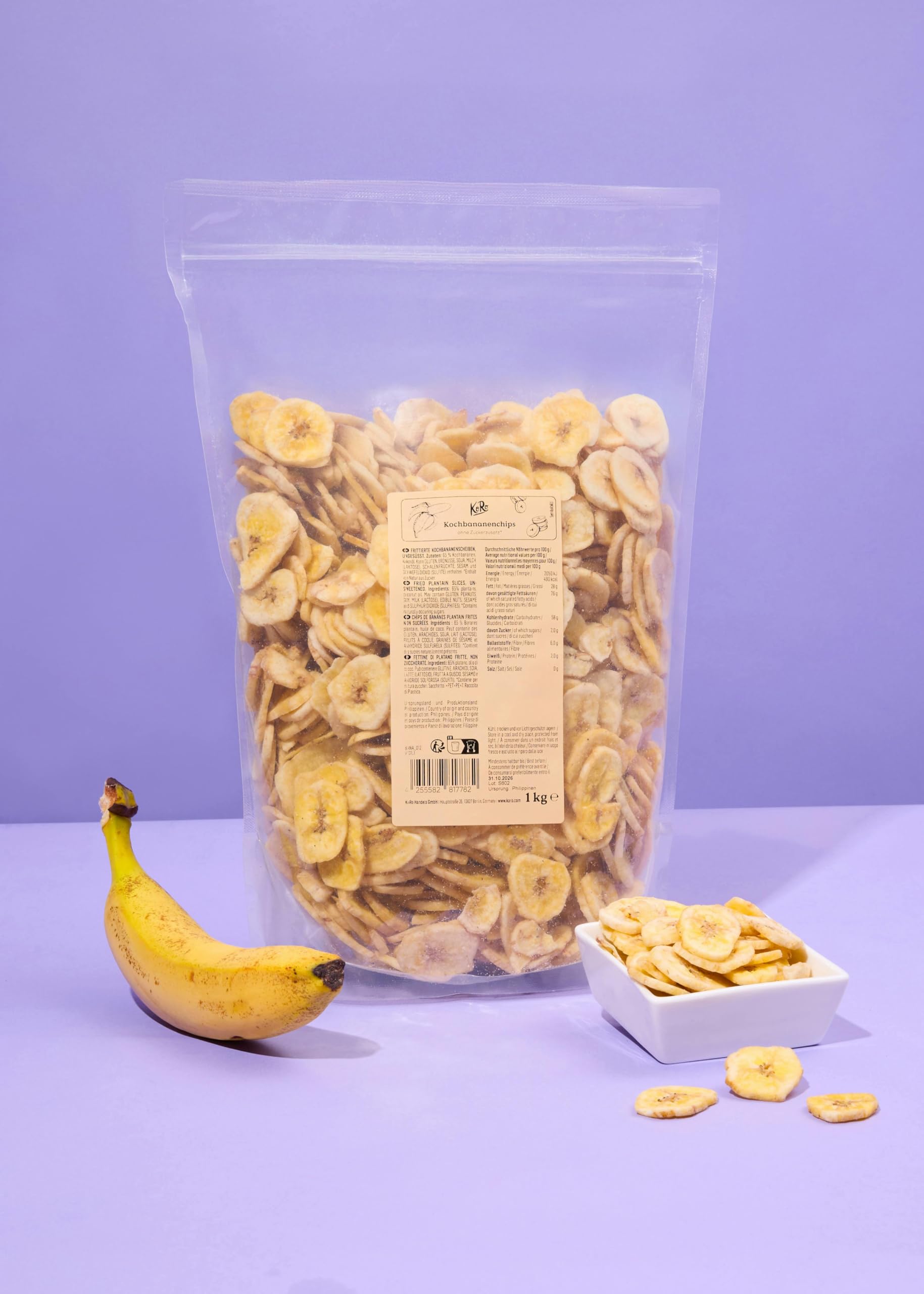 KoRo - Chips di banana essiccate 1 kg - Senza solfiti, senza zuccheri aggiunti, con olio di cocco, formato conveniente