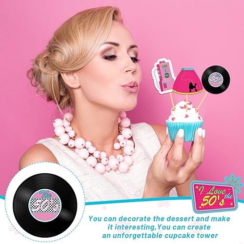 Miniatura 4 de 45 piezas de decoración de cupcakes de los años 50, decoración de fiesta de música rock and roll, decoración de pasteles para fiesta temática retro