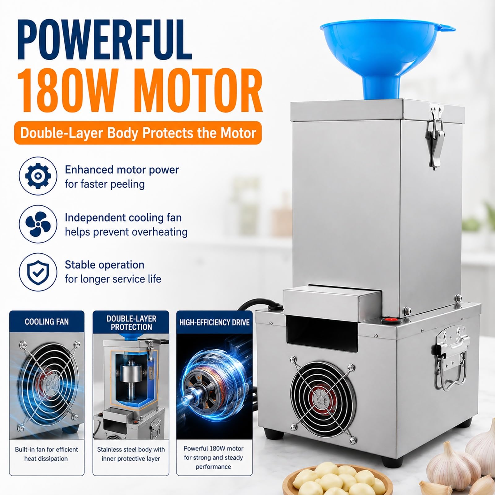 Pelador de Ajos Eléctrico 180W Profesional Acero Inoxidable | Pela 25-30 kg/h, Dientes Enteros Sin Dañar, con Ventilador, Tambor Extraíble, Fácil Limpieza, Ideal para Restaurantes