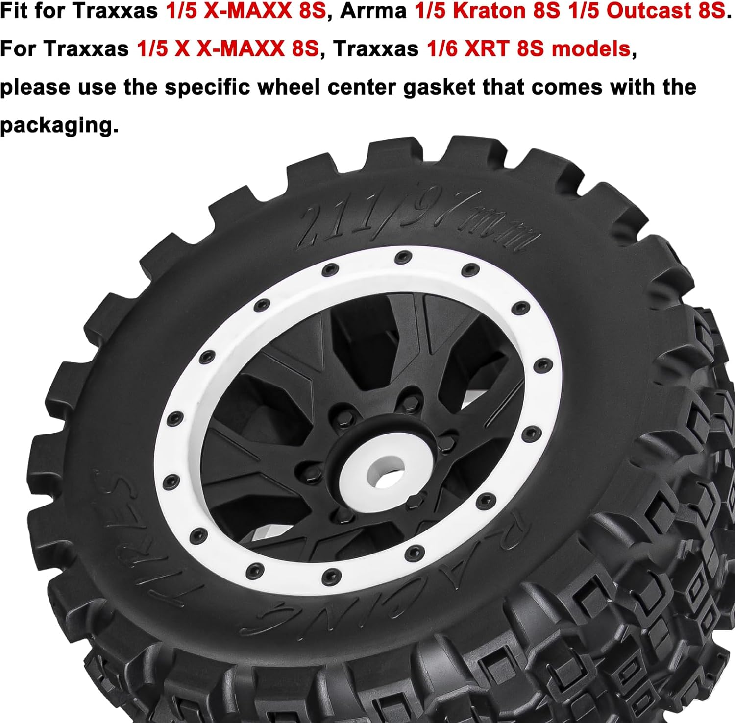 LRFHL 1/5 RC Tires and Wheels for Traxxas 1/5 X-MAXX 8S Arrma 1/5 Kraton 8S 1/5 Outcast 8S, RC Monster Truck Tires 24mm Hex Wheels (4PCS, White)