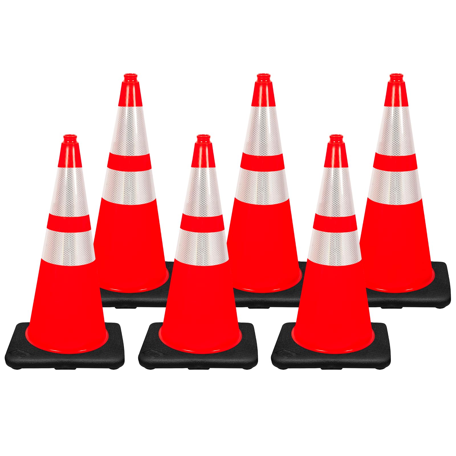 (Set of 12) CJ Safety Large 28 inch Height Orange PVC Traffic Safety Cones with Heavy Duty Black Base & 6" + 4" Reflective Collars for Construction