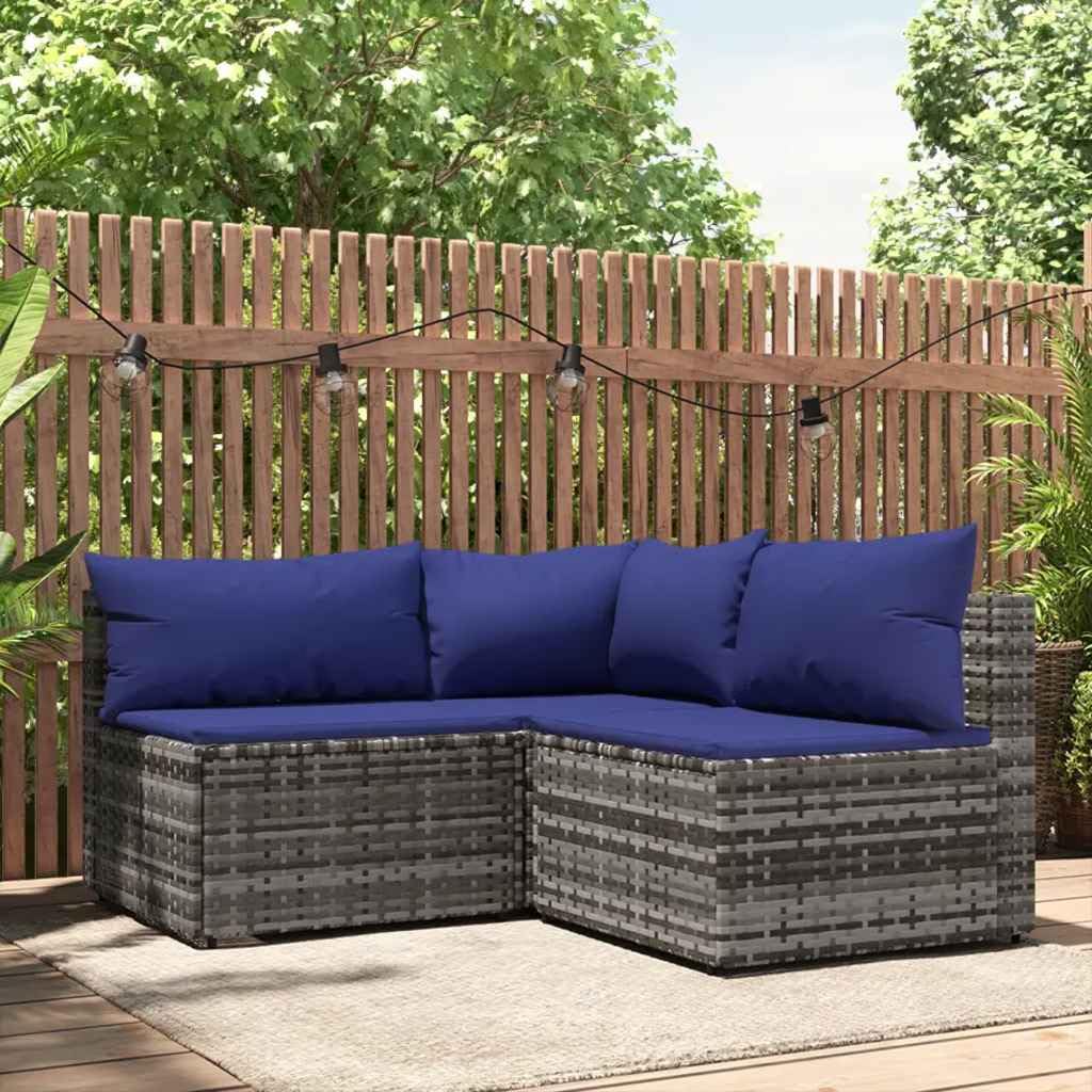 Gray PE Rattan Modular Patio Lounge Set 3-Piece with Blue Cushions, Weather-Resistant Outdoor Sofa Seating for Garden Backyard, Durable Poly Rattan Furniture Set