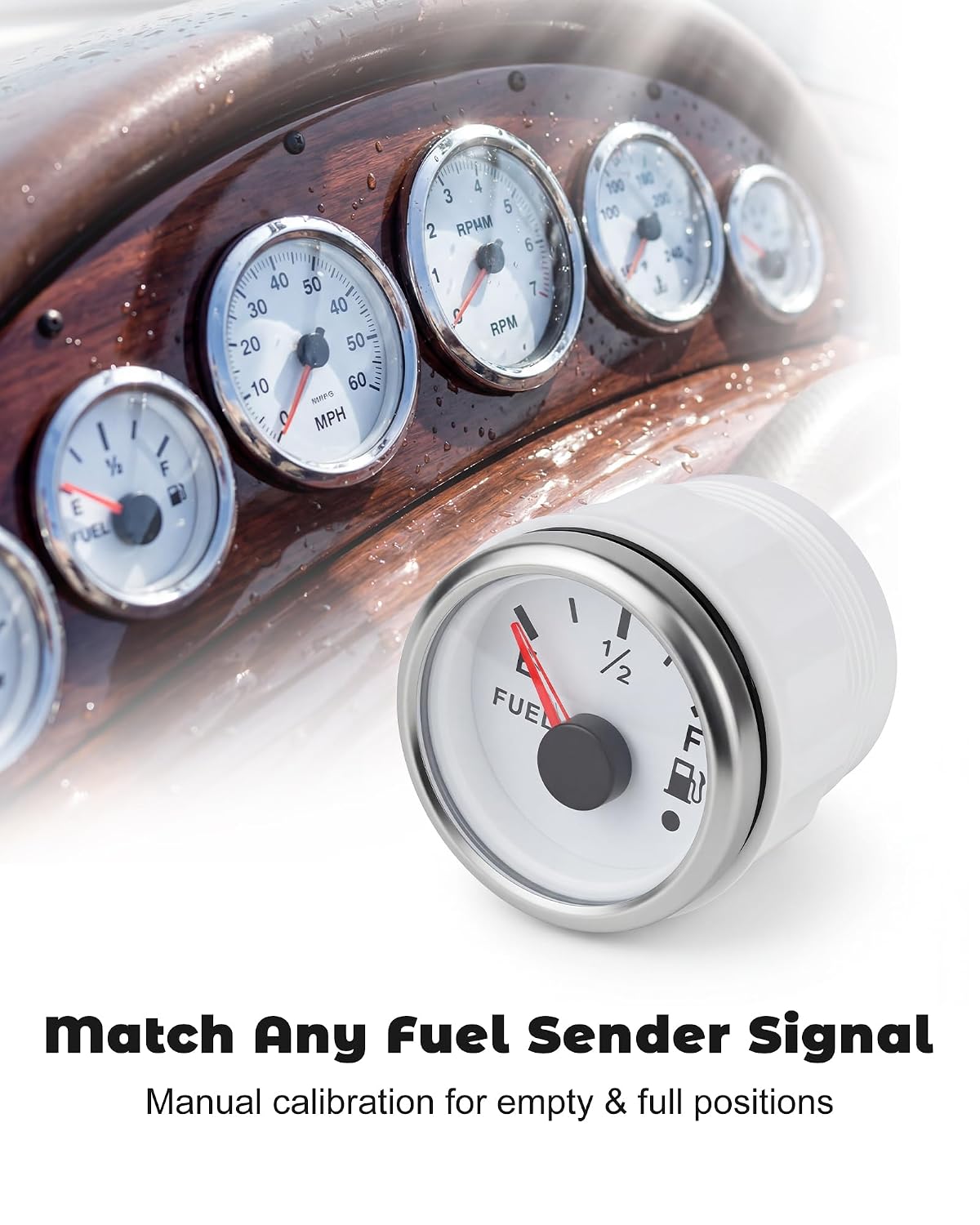 Adjustable Fuel Gauge, Ideal for Custom Tank Projects & DIY Builds, White | Any Ohm for Boats, Trucks, RVs, Cars, ATV, Motorcycles, Skid Steer, IP67 Waterproof, Silver Bezel, White Dial, 2", Any Signal
