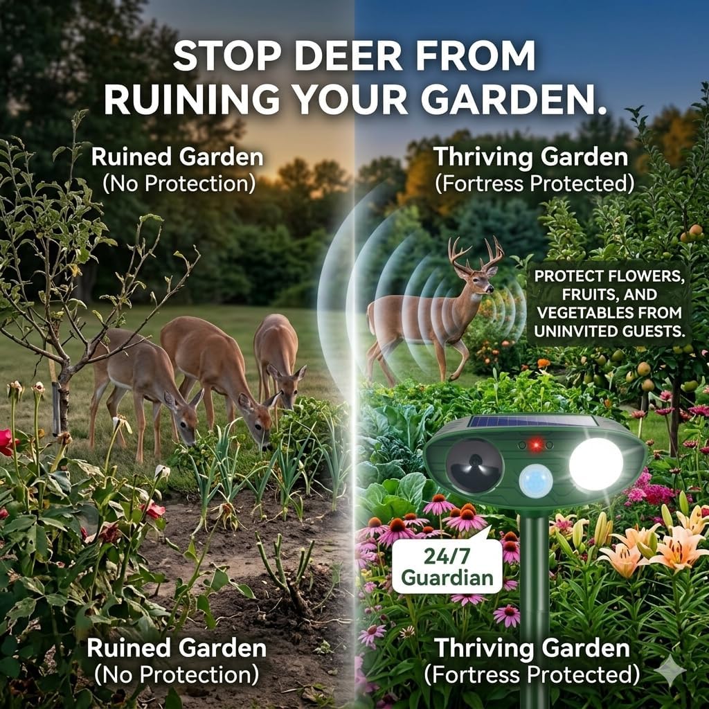 2Pack Sonic Fortress Pro Deer Repellent Solar Ultrasonic Animal Repellent Outdoor with Motion Detection&Flash Light Squirrel Fortress Pro Keep Cat Raccoon Rabbit Away for Vegetable Garden Yard Lawn