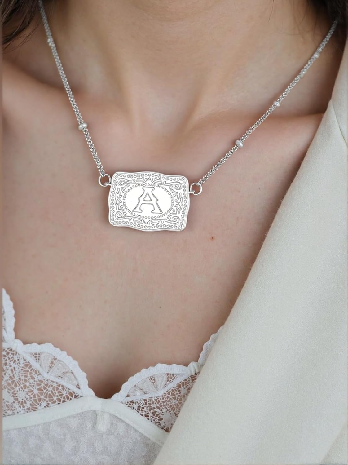 Silver Belt Buckle Initial Necklaces for Women Dainty Western Initial Letter Pendant Necklace Personalized Letter Pendant Necklace Jewelry Gifts for Cowgirl Cowboy - Image 4