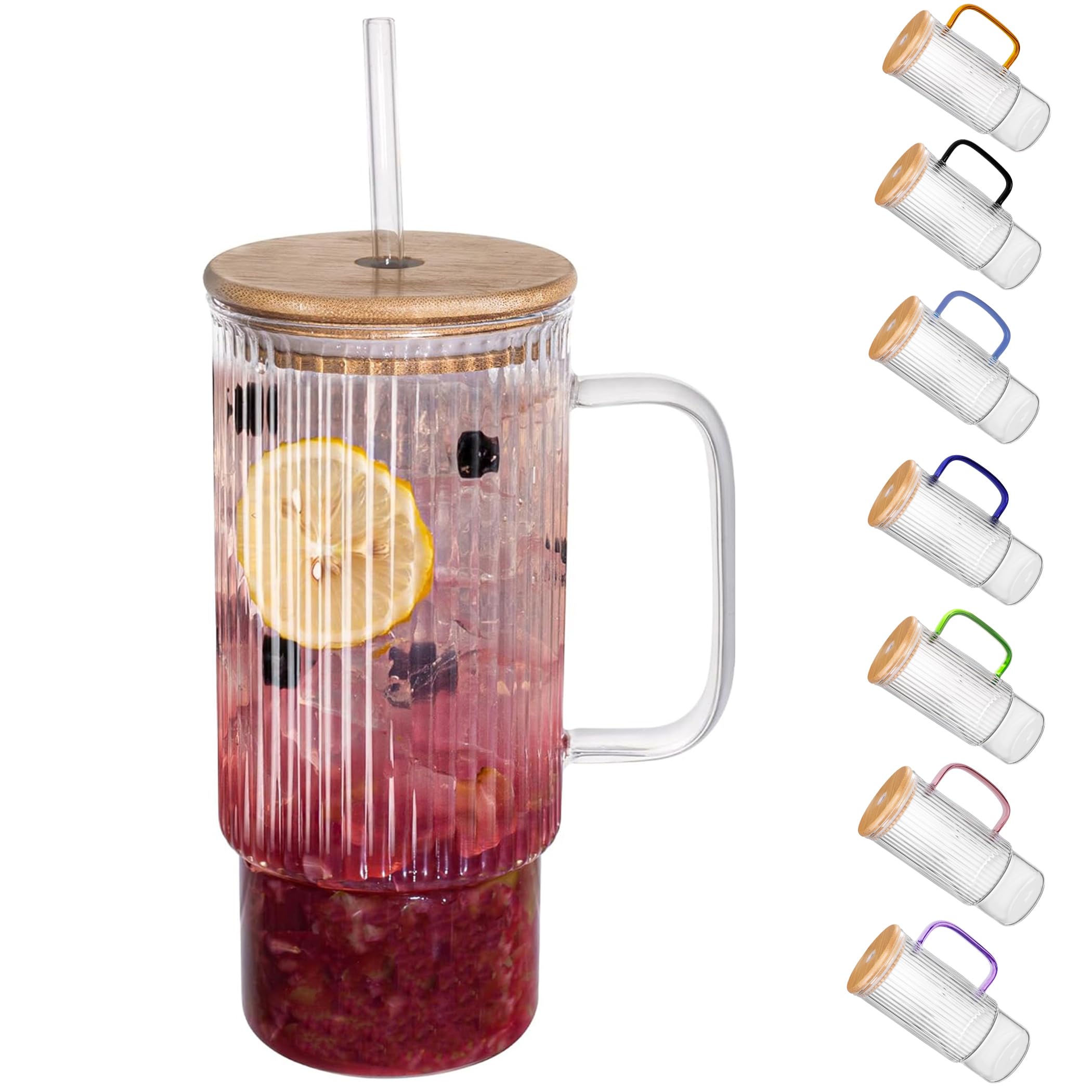 32oz Ribbed Glass Cup with Handle Bamboo Lid and Straw, Glass Tumbler, Iced Coffee Cups Hot/Cold Drinks