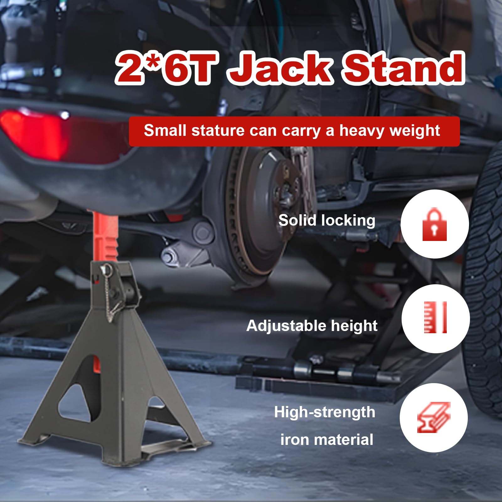 Cavaletti Auto treppiedi a cremagliera, Cavalletti Auto 6T Set da 2 Pezz, Altezza di Sollevamento 390–585mm, Jackstand Coppia Cavalletti con Protezione in Gomma