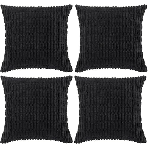 Fancy Homi 4 Packs Boho Black Decorative Throw Pillow Covers 14x14 Inch for Living Room Couch Bed Sofa, Rustic Modern Farmhouse Home Decor, Soft Plush Corduroy Cute Square Cushion Case 35x35 cm