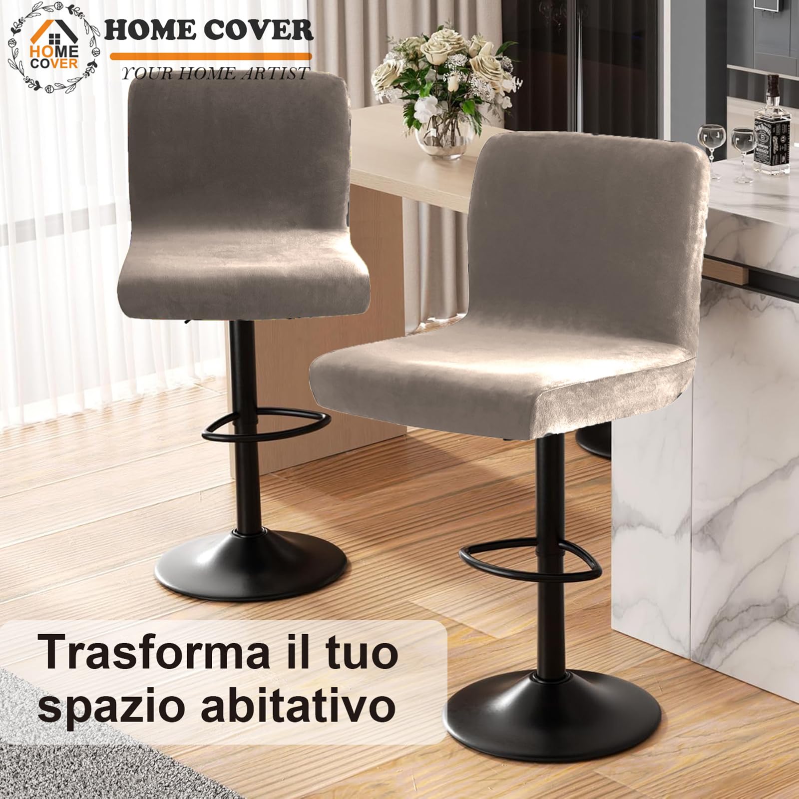Coprisedia Da Bar Con Schienale, Elastico Velluto Tessuto Copriseduta Per Sgabelli Da Bar Rimovibili Schienale Basso Girevole Coprisedie-Taupe-2 pezzi