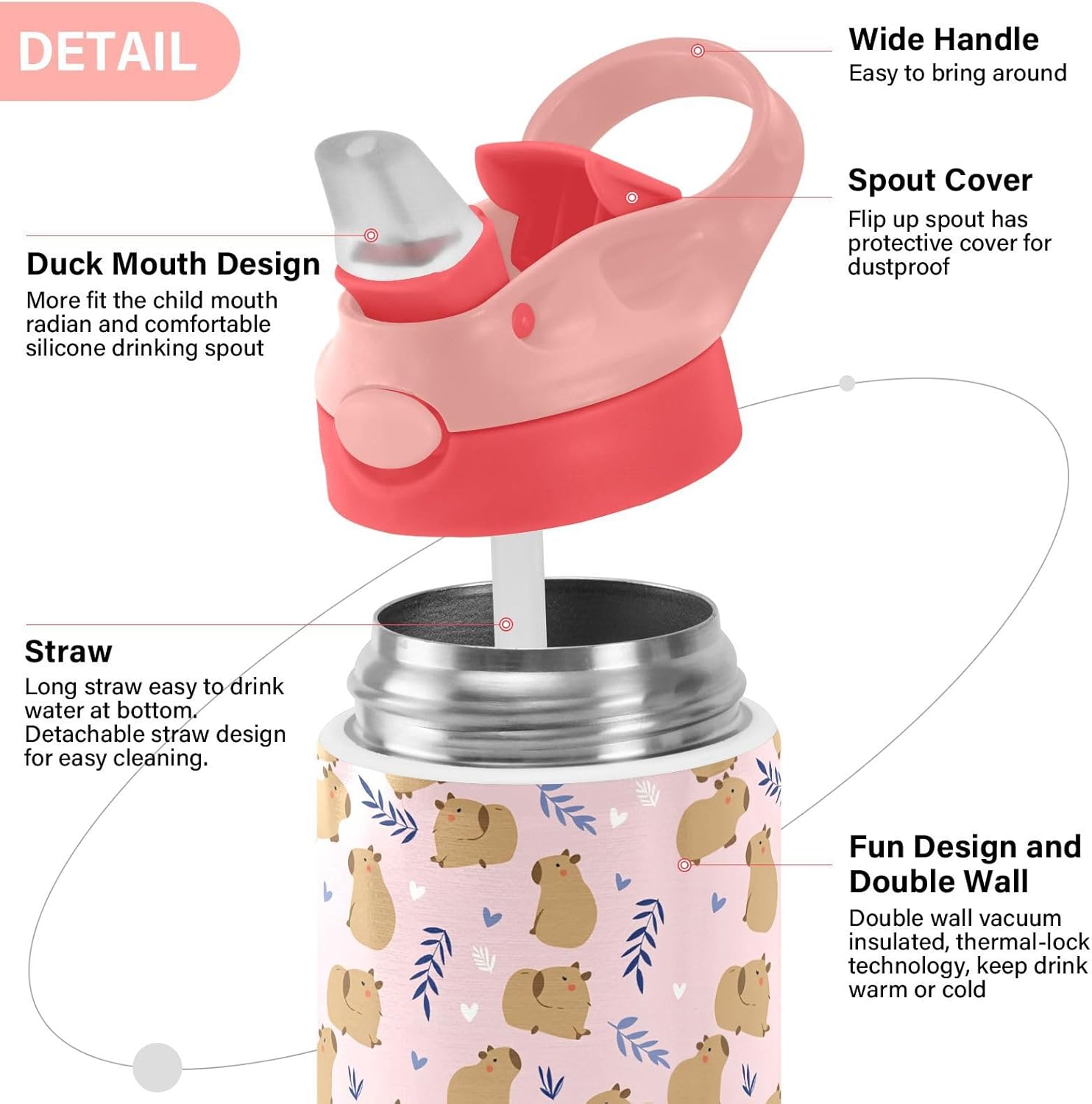 Cute Cat Kitty Girls Water Bottle with Straw and Carry Handle Cartoon Animals Pink Vacuum Insulated Stainless Steel Bottles Leak-Proof for Boys Kids Toddler 12 oz Pink Lid