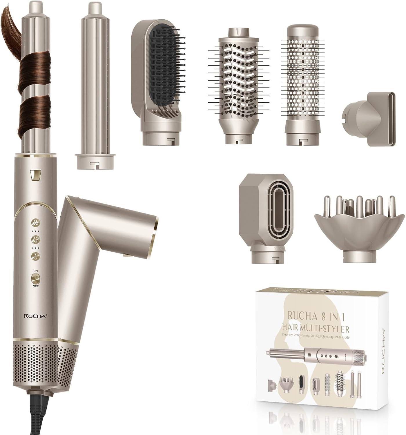 RUCHA 8 in 1 Hair Styler & Hair Dryer Brush Blow Dryer, 110,000 RPM High Speed Nora Hair Styler, Multi Professional Hot Air Styler for Straightening Curling Volumizing Drying, Champagne Gold