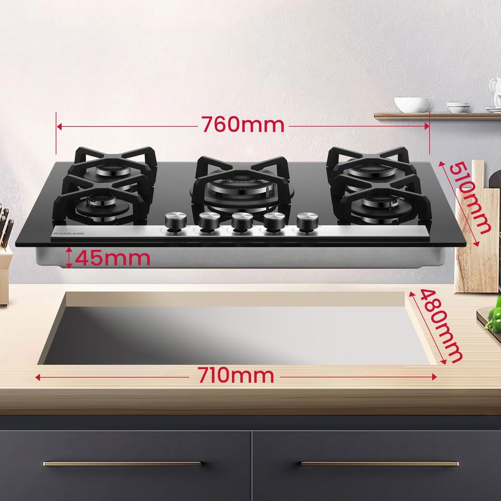 GASLAND GH6805BG1FC Cocina de Gas Butano, Encimera de Cristal Con 5 Fogones y Quemador Wok, Placa Empotrable Negra de 76 cm, 10,4 KW