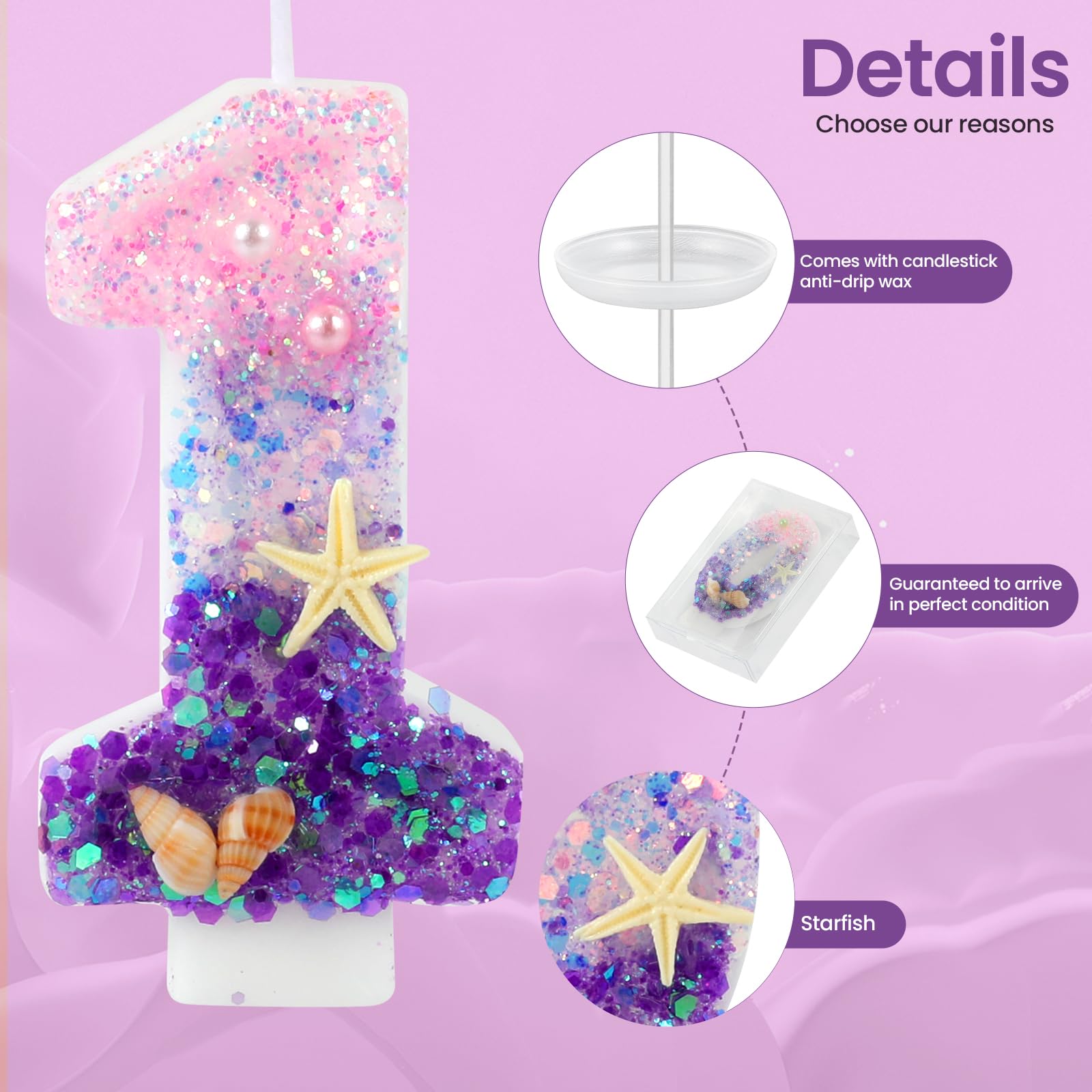 Velas de cumpleaños, velas rosas y moradas del número 1 decoradas con caracolas, estrellas de mar y perlas para decoración de tartas de fiesta temática de sirena (número 1)