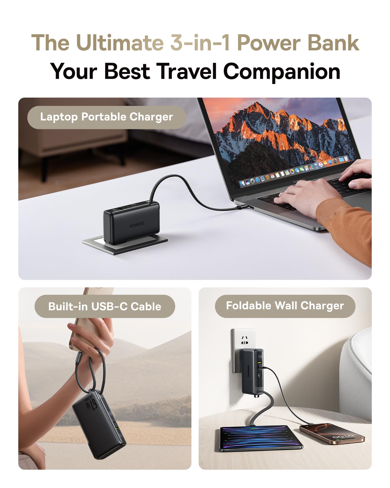 Baseus Nomos 3-in-1 Power Bank, 10,000mAh 35W Portable Charger and 67W Foldable Wall Plug, Travel Essentials Battery Pack Built-in USB-C Cable, for iPhone 16 15 Series, Samsung, MacBook, Laptop