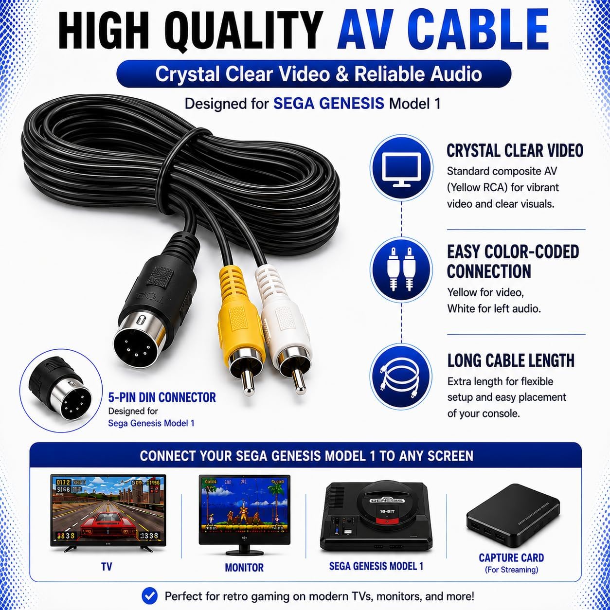 Audio Video RCA AV Cable Adapter Cord + AC Power Supply To External TV Screen Monitor For SEGA Genesis 1 Original MK1601 First 16 Bit Version ONLY Gaming Systems Console Game Bundle Set