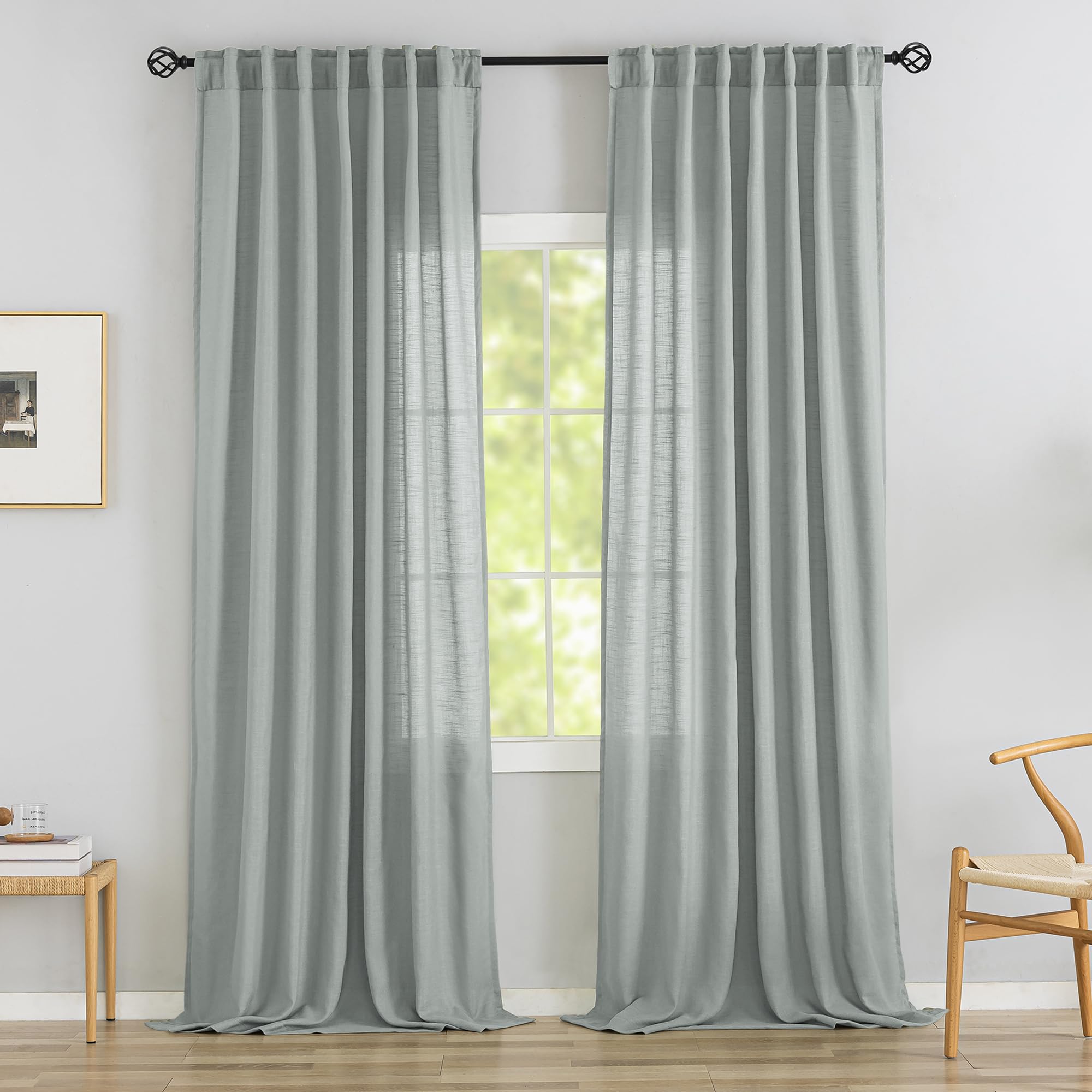 Rideaux plissés filtrant la lumière lin gris clair 259 cm avec pattes arrière