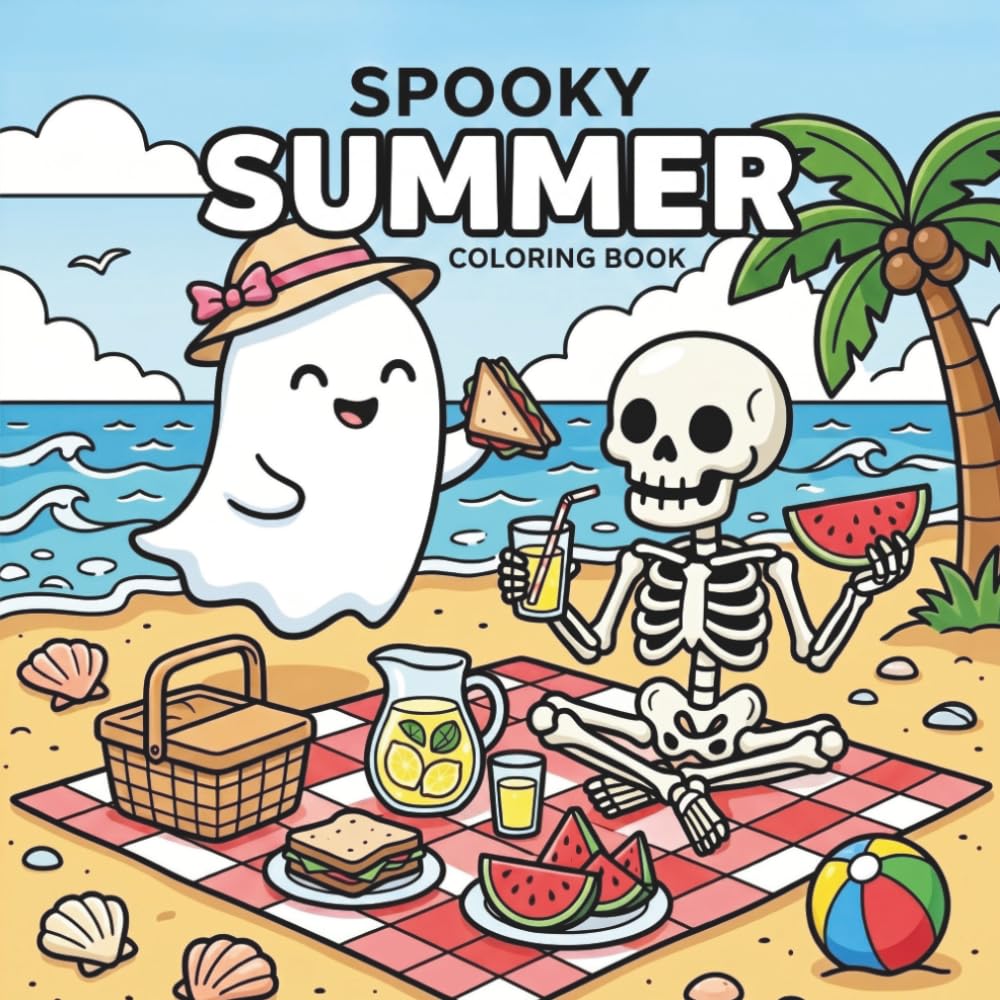 Spooky Summer Coloring Book: 40 Cute Beach Ghosts, Skeletons, Pumpkins, Witches, and Tropical Vacation Scenes for Relaxing Creative Fun