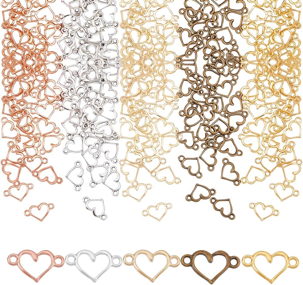 AHANDMAKER 150 Pcs Heart Shape Connectors Charms, 5 Color Alloy Heart Link Charms with Double Loops, Hollow Connector Pendants for DIY Jewelry Bracelets Necklaces Keychain Making, 8x14.5mm
