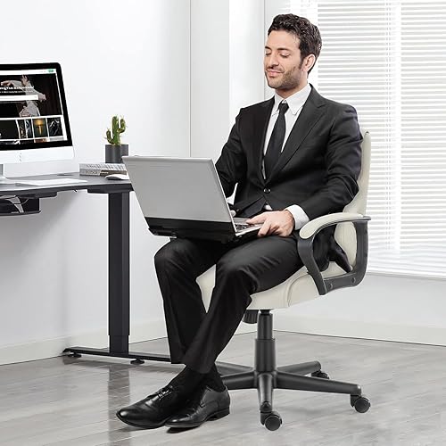 Miniatura 7 de OLIXIS Silla de oficina ejecutiva con reposabrazos acolchados de altura ajustable, giro de 360 grados, soporte lumbar, piel sintética, color blanco
