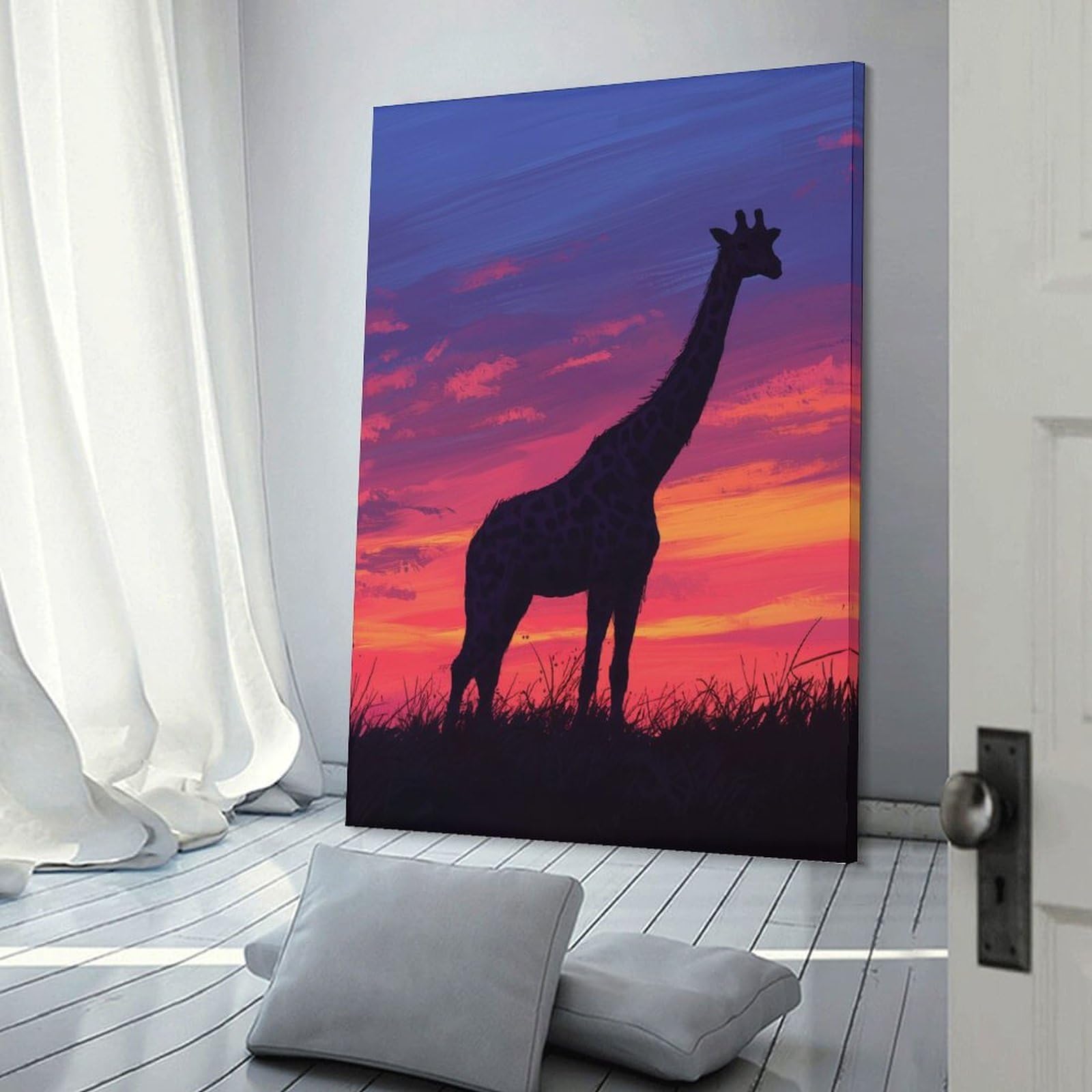 Junmoney Frame-Style Hanging Wall Art Giraffe Silhouette Sunset, 20X30inch(50X75cm), For Gallery Wall Layouts In Home Or Office, An Easy Match For Collected Prints
