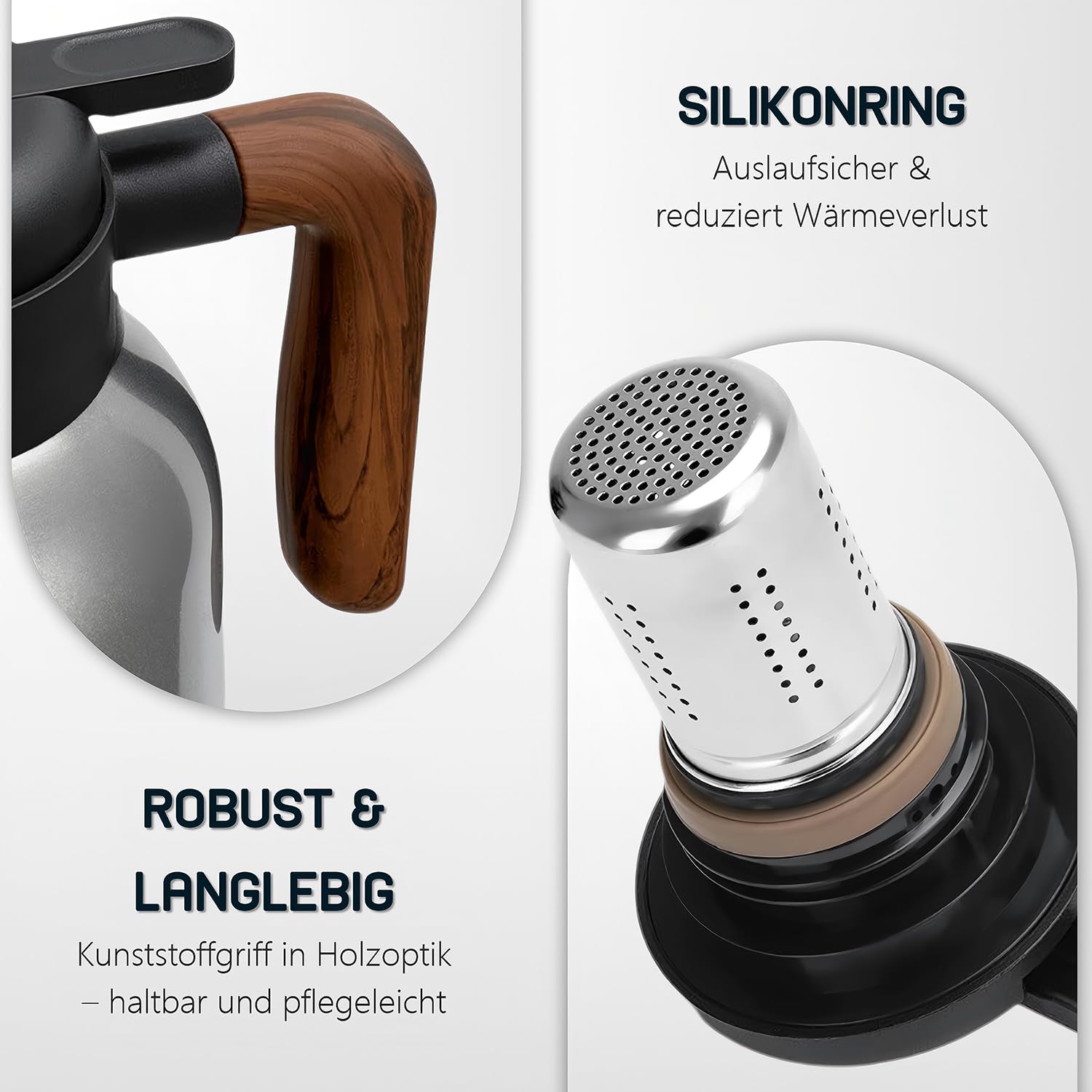 VETIN Thermoskanne mit Teesieb 1,5L aus 304 Edelstahl, Kaffeekanne Thermo | Auslaufsicher, 10 h Heiß & 16 h Kalt, mit Temperaturanzeige, für Tee, Kaffee und Kalte Getränke (Kunststoffgriff)