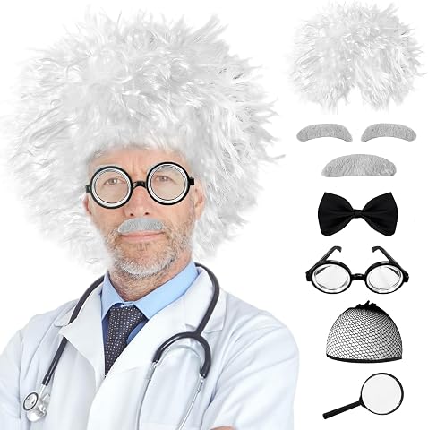 Jnnzzggu 8 PCS Old Man Mad Scientist Wig Set, Costume Accessories