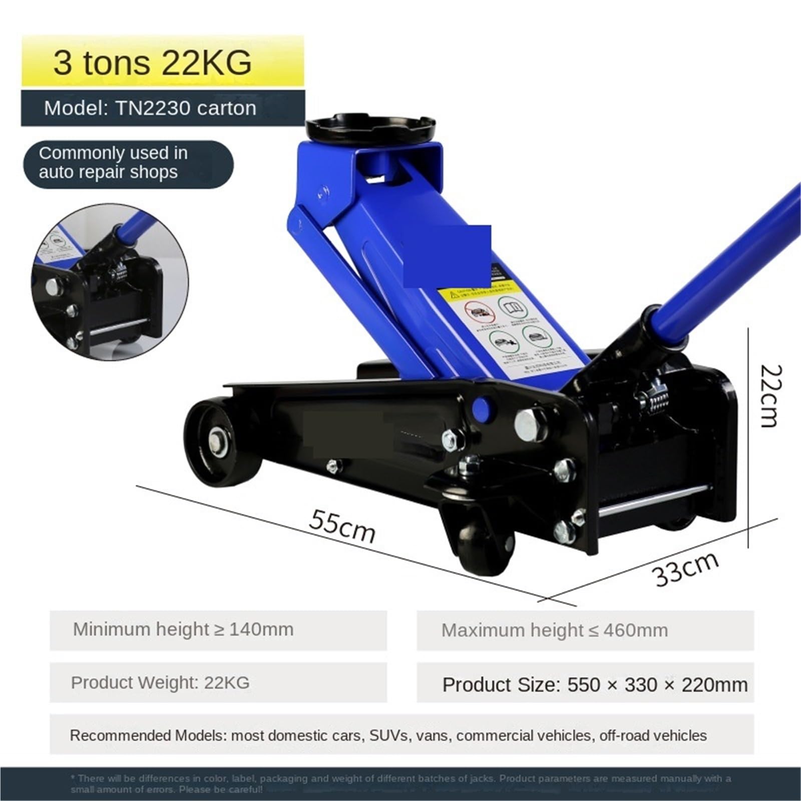 Gato hidráulico Horizontal de 3 toneladas for Taller reparación Coches y Camiones. Reemplazo neumáticos,Poder de elevación Robusto(3t)