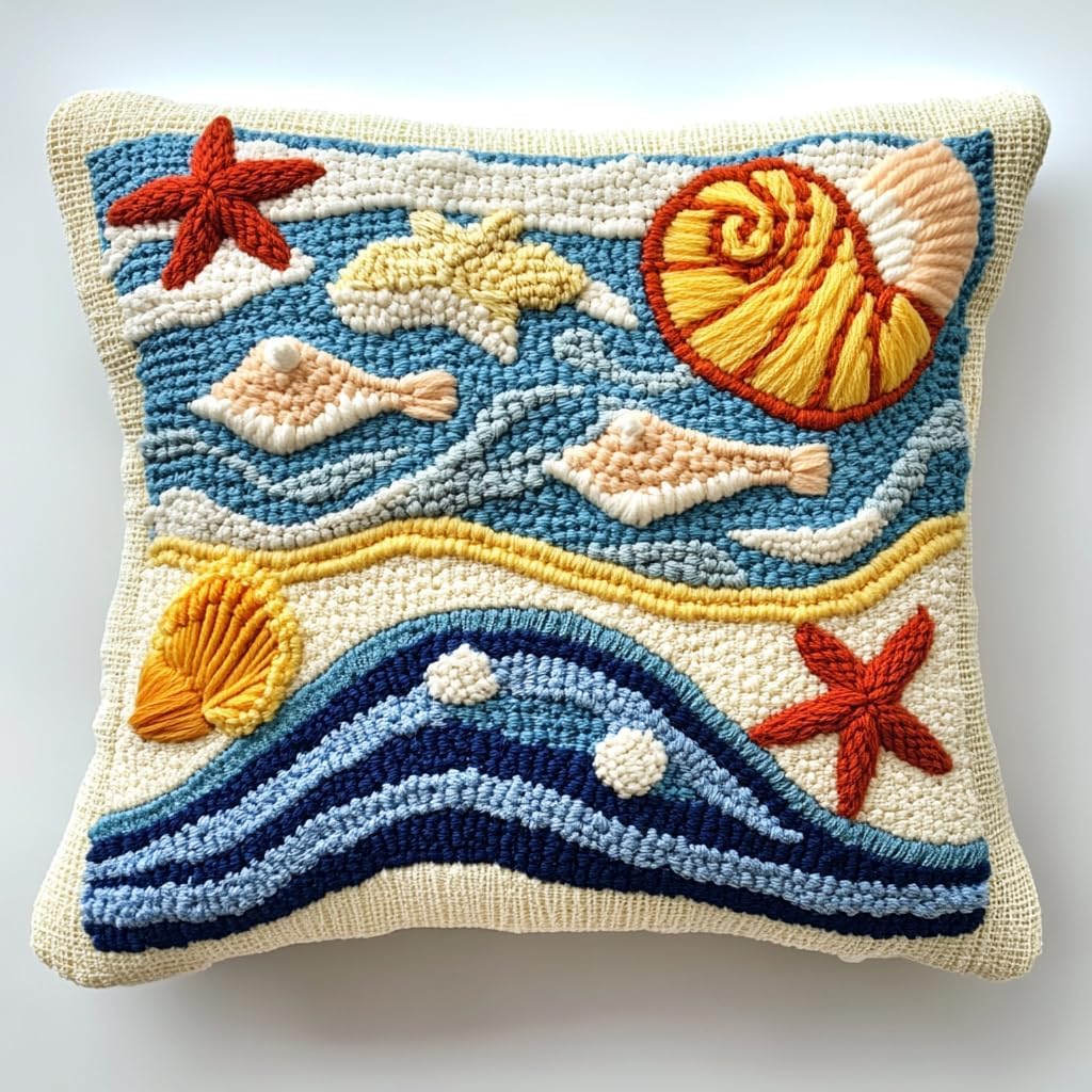 DIY Punch Needle Pillow Kit Seaside Beach and Sea Waves with Pattern and Hoop Handmade Embroidery Punch Needle Starter Pillowcase Set for Home Sofa Decor 43x43cm-1-6