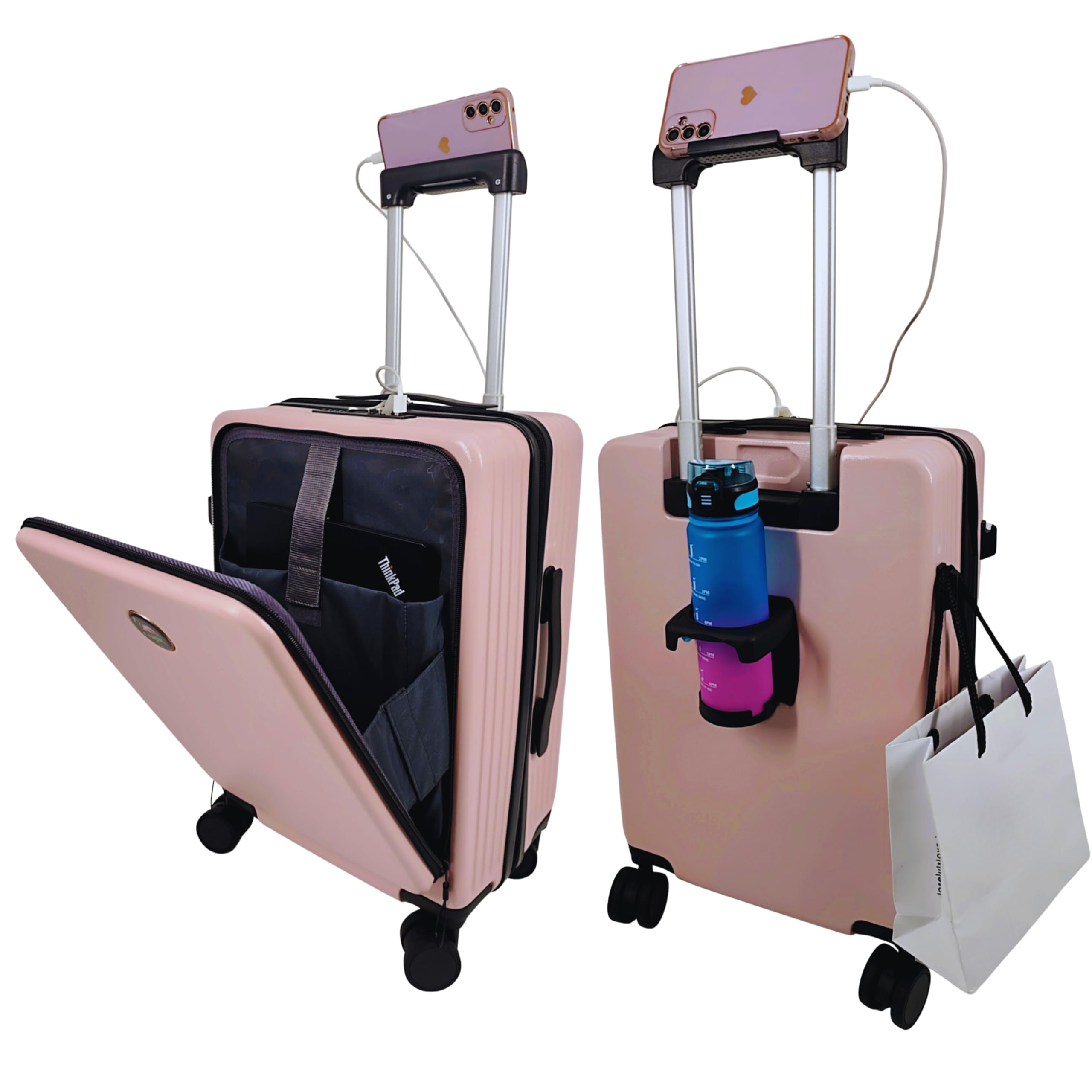 CAMIR-Valigia da cabina con USB Smart Bagaglio Trolley a mano Borsa multiuso Tasca frontale Bagaglio a mano portatile 4 ruote, Valigia da cabina con lucchetto TSA 55x35x23,5 ABS+PC (ROSA)
