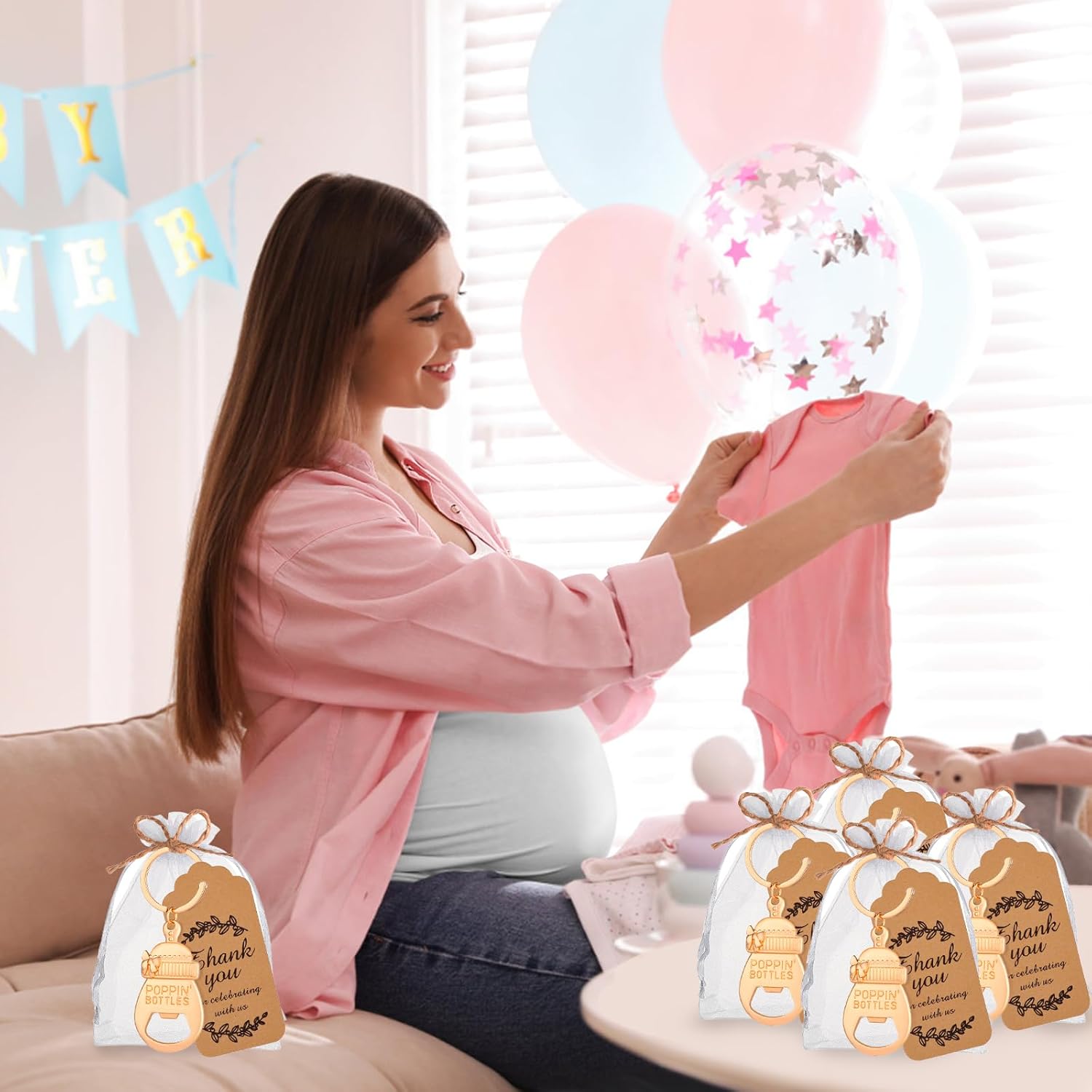 50Pcs Popping Bottle Openers Baby Shower Party Favors for Guests, Bottle Opener Return Gift and Souvenirs with Organza Bags Thank You Cards for Theme Decoration Supplies (Gold