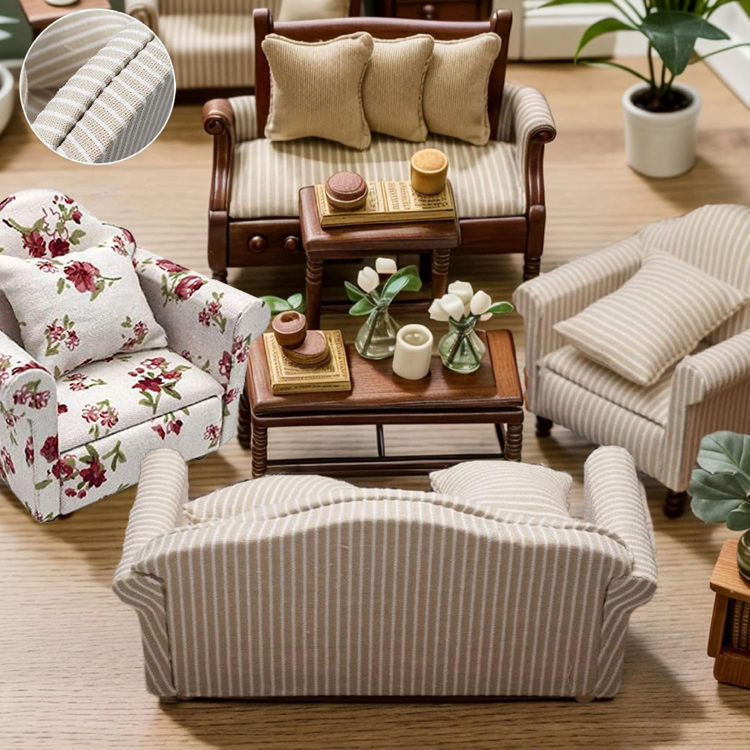 Set Divano per Casa delle Bambole 1:12 Mobili in Miniatura Soggiorno Floreale Rosa