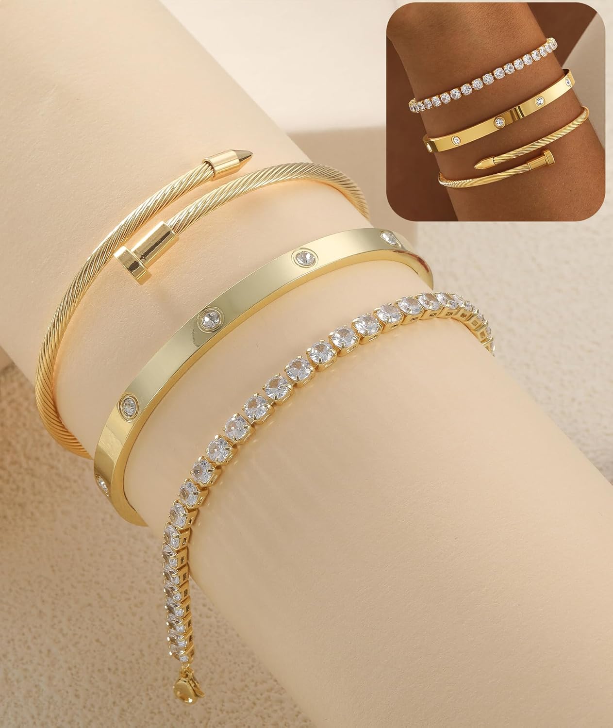 ZOERAY Silver Gold Bangle Bracelets for Women Non Tarnish 14k Gold Plated Stackable Cuff Bracelets for Women Trendy Cubic Zirconia Stainless Steel Chunky Bracelet Stack Set Waterproof Jewelry Gifts - Image 4