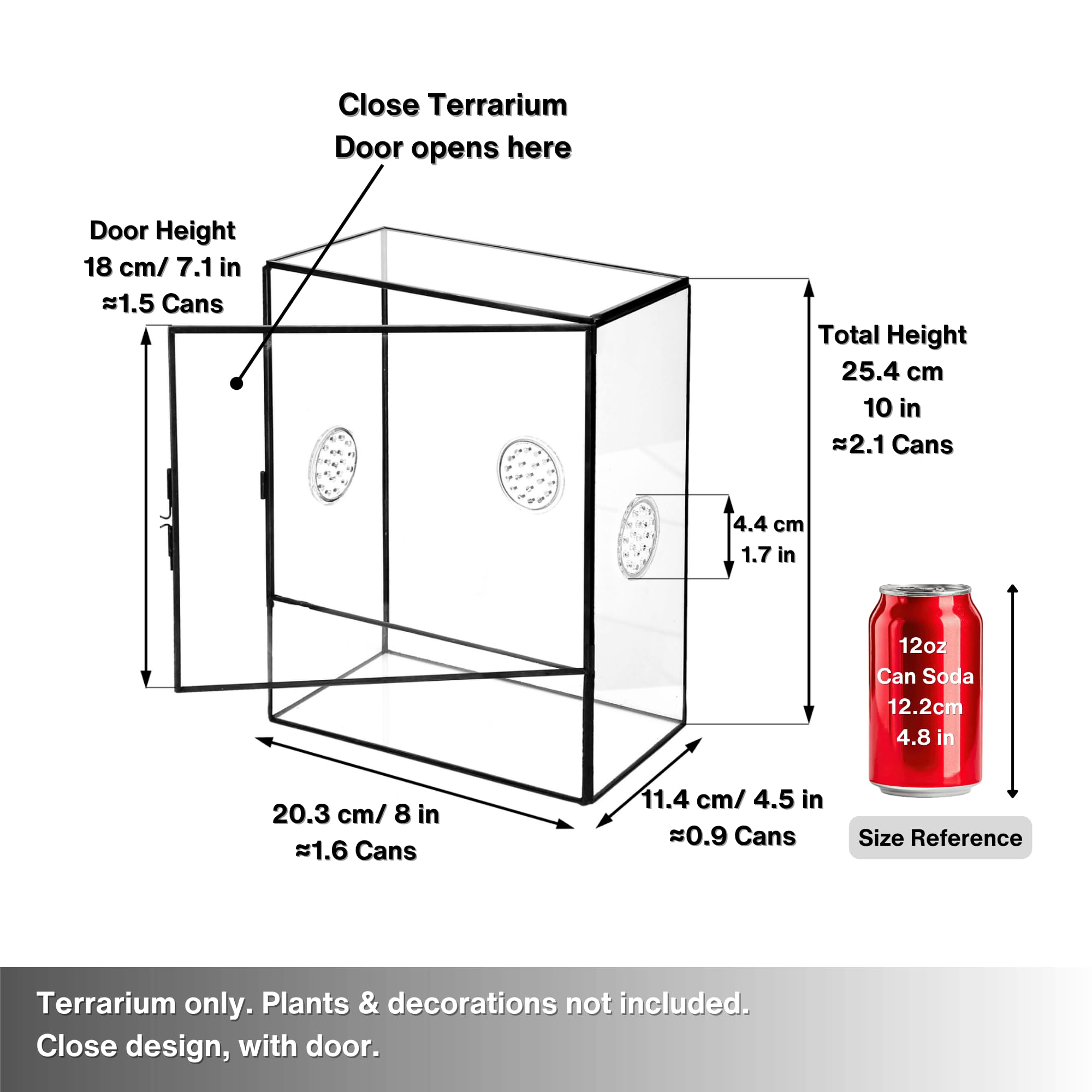 NCYP Terrario in vetro chiuso con porta frontale e 3 prese d'aria per insetti, lumache, ragni, tarantole, 20,3 x 11,4 x 25,4 cm, trasparente, rettangolare, per piante, micro paesaggio