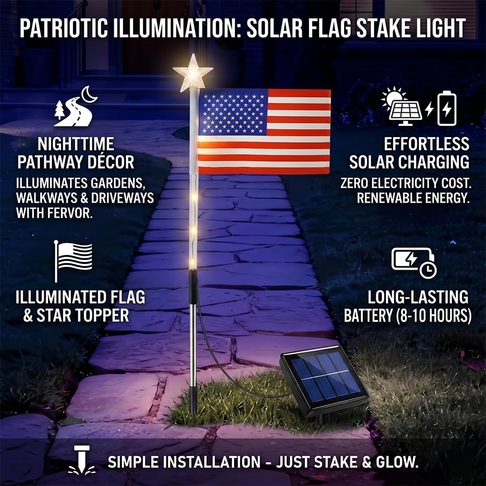 Solar American Flag Lights Outdoor, 8 Piece Flag Light Set Pathway Lights, Patriotic Red White Blue Solar Lights with 8 Modes, Waterproof Yard Garden Decorations for 4th of July, 250th Anniversary