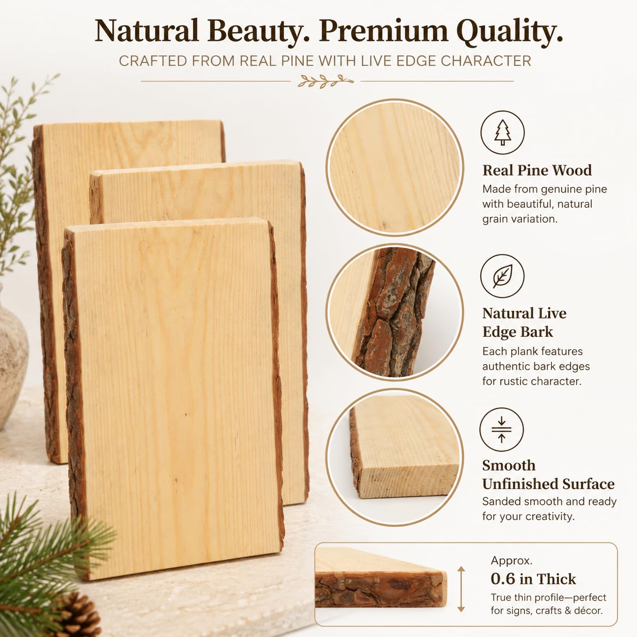 Paquete de 6 tablones rectangulares de madera, 7-9 pulgadas de ancho x 11 pulgadas de largo, madera artesanal con losa de madera de borde vivo, tablón de pino rústico para decoración del hogar,