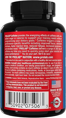 Miniatura 3 de ProLab Tabletas de cafeína de 200 mg - 200 ct  Apoyo energético, ayuda a mejorar la resistencia y el enfoque mental, reduce la fatiga,