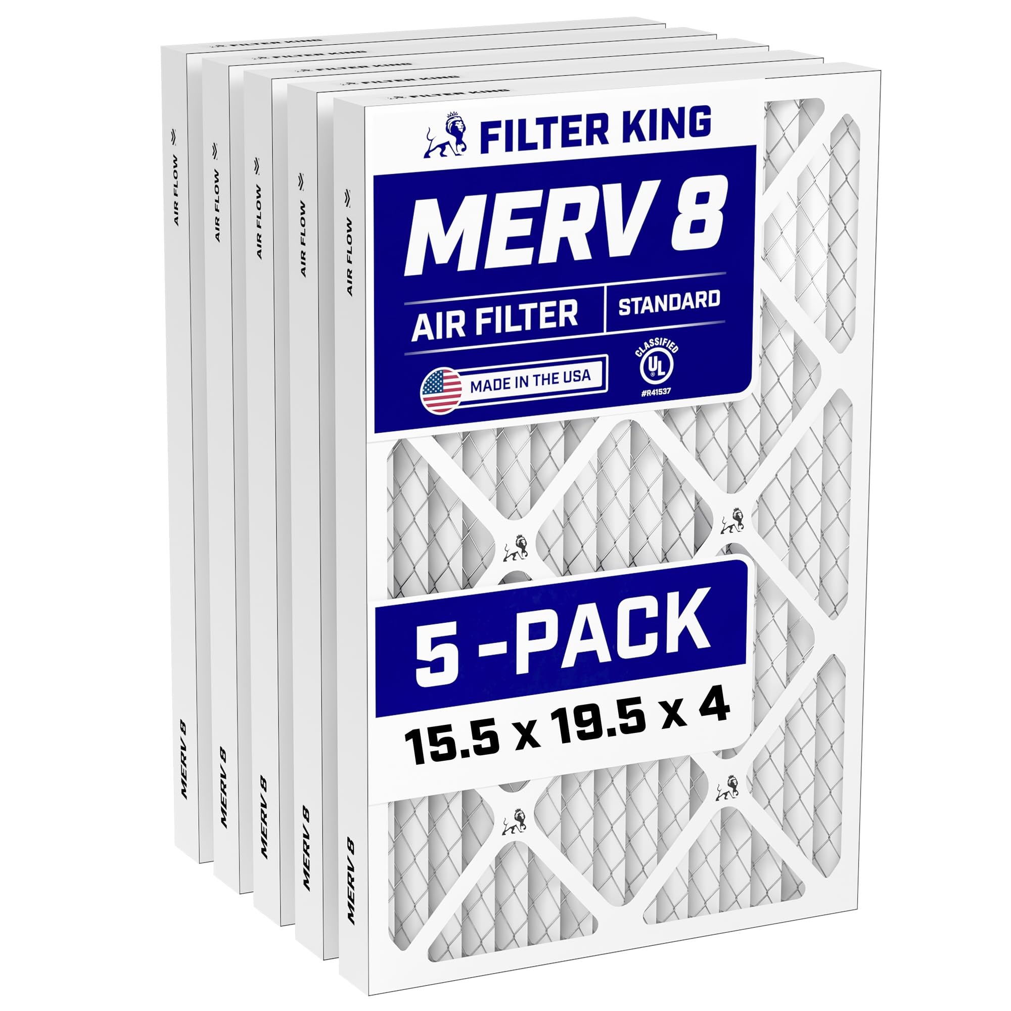 Filter King 15.5x19.5x4 Air Filter (MERV 8) (5-Pack) Dust & Allergy Control AC Furnace Filters, MADE IN USA, HVAC, Pleated, Electrostatic (Actual Size