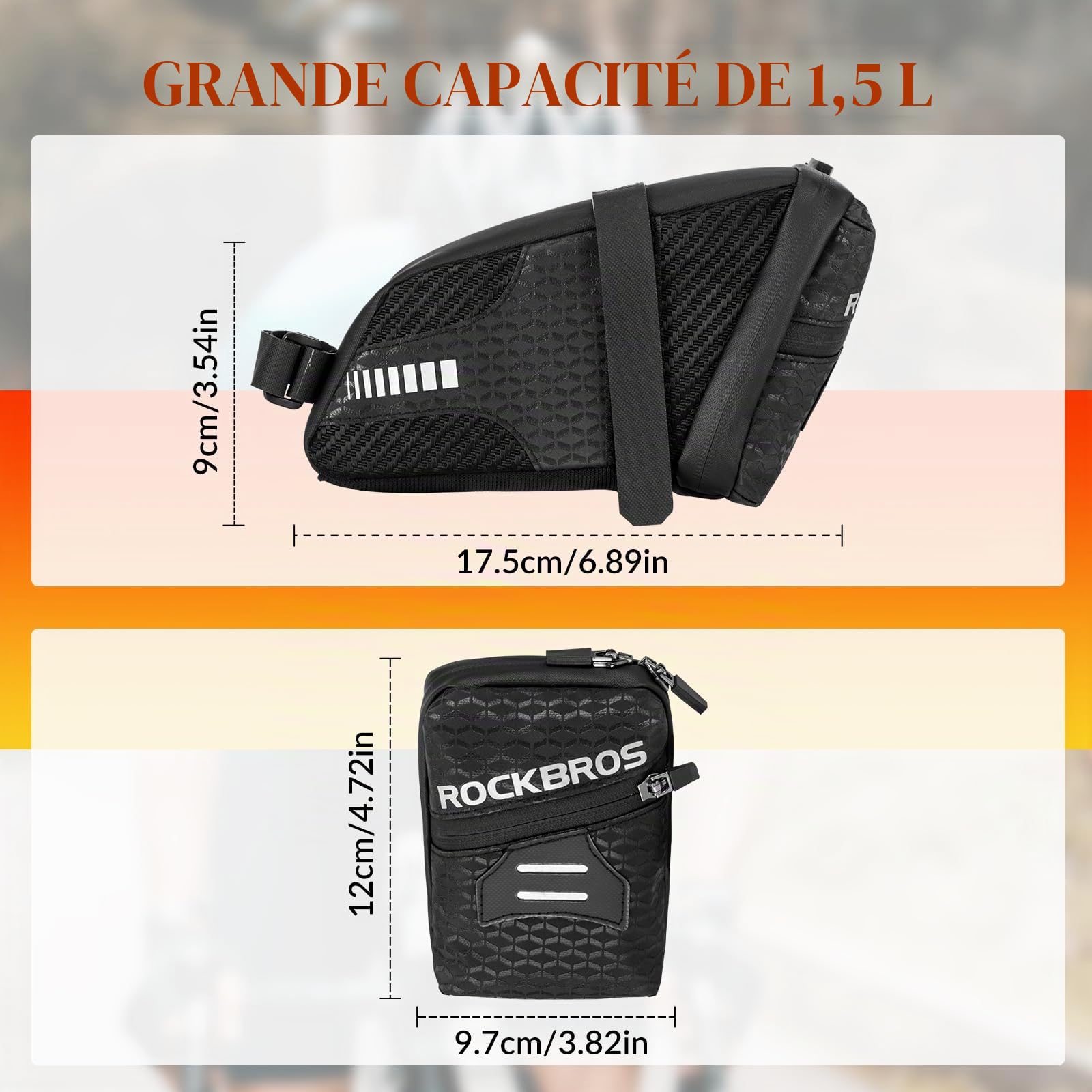 ROCKBROS Sacoche de Selle Vélo VTT Cyclisme Sac de Siège Arrière Réfléchissant Universel Installation Facile 1,5L Noir